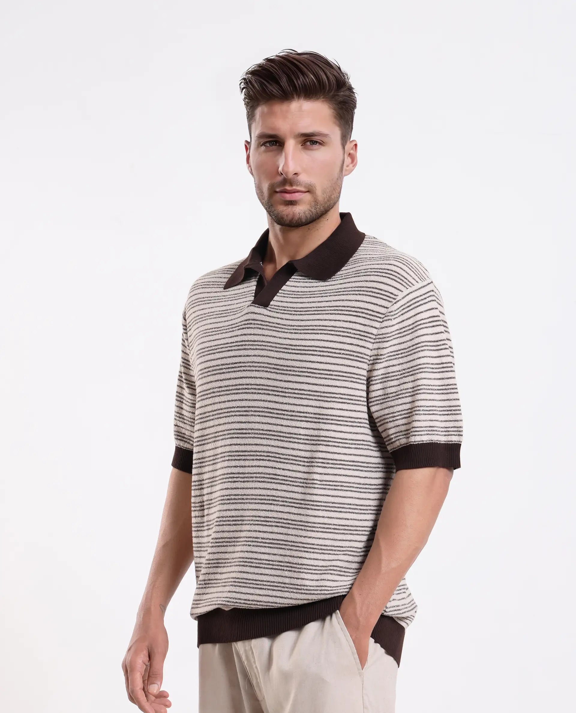 Rare Rabbit Men's Trin Brown Cotton Plain Regular Fit Half Sleeve Polo