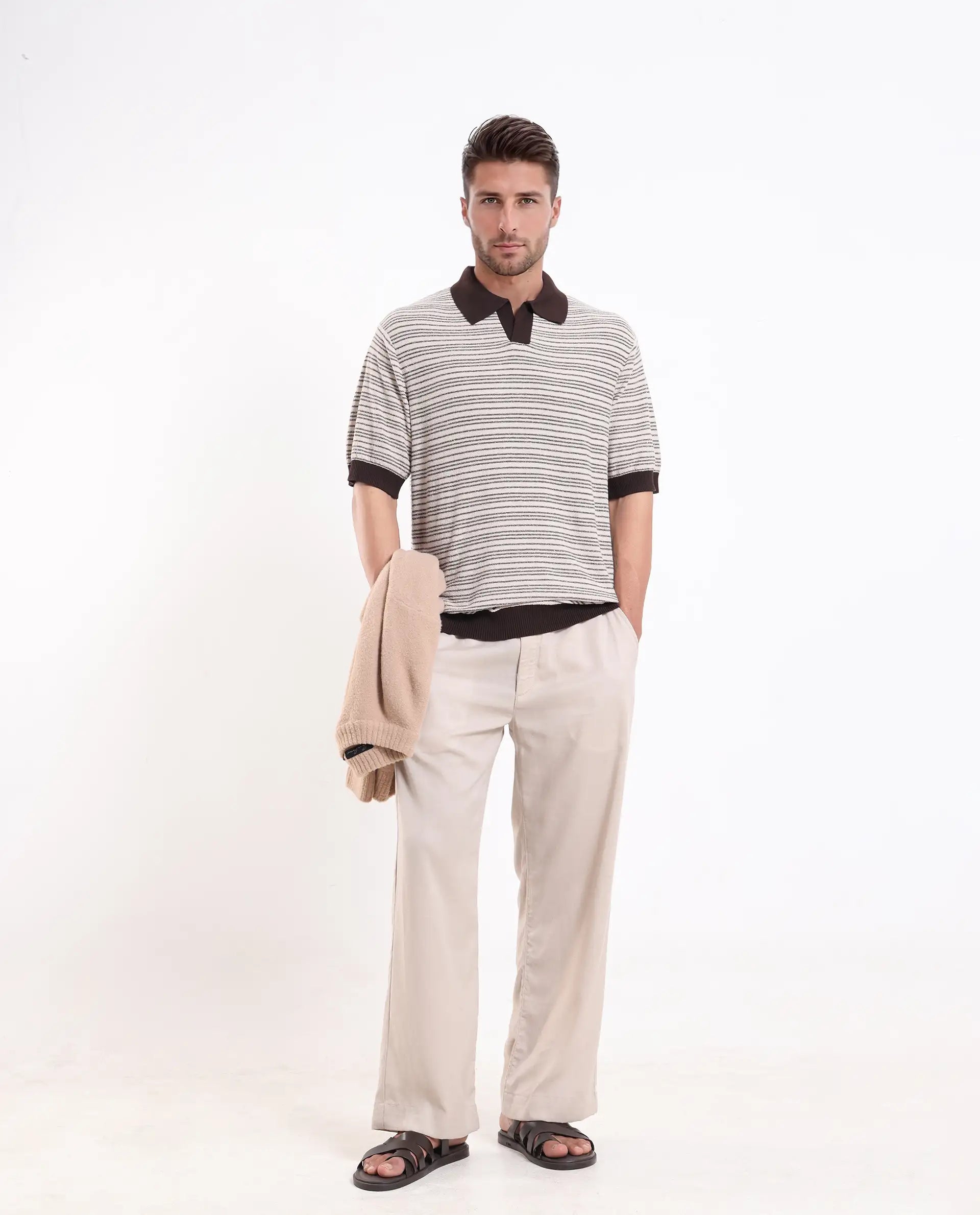 Rare Rabbit Men's Trin Brown Cotton Plain Regular Fit Half Sleeve Polo