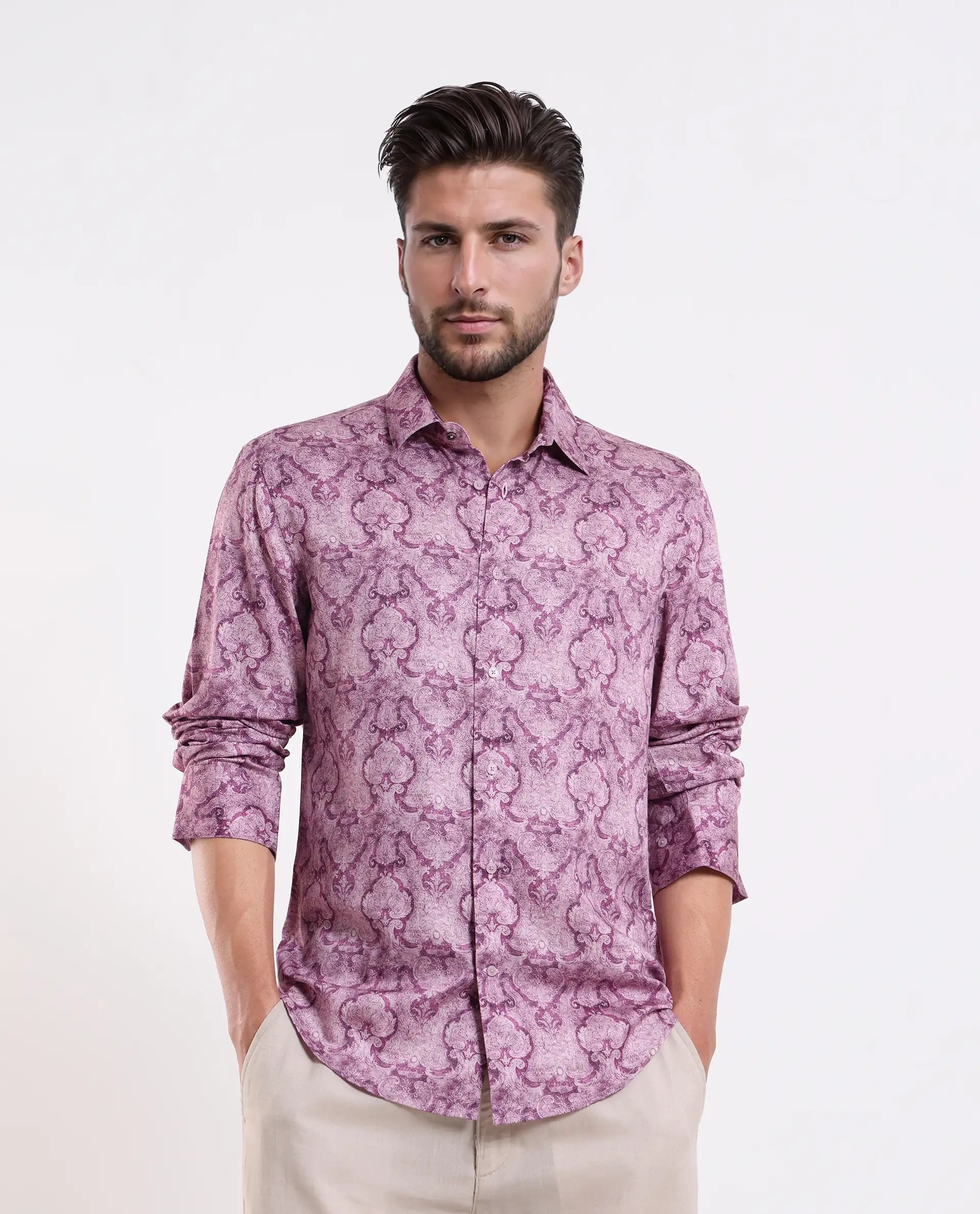 Rare Rabbit Men's Vanto 1 Purple Cotton Blend Fabric Full Sleeve Collared Neck Paisley Print Shirt