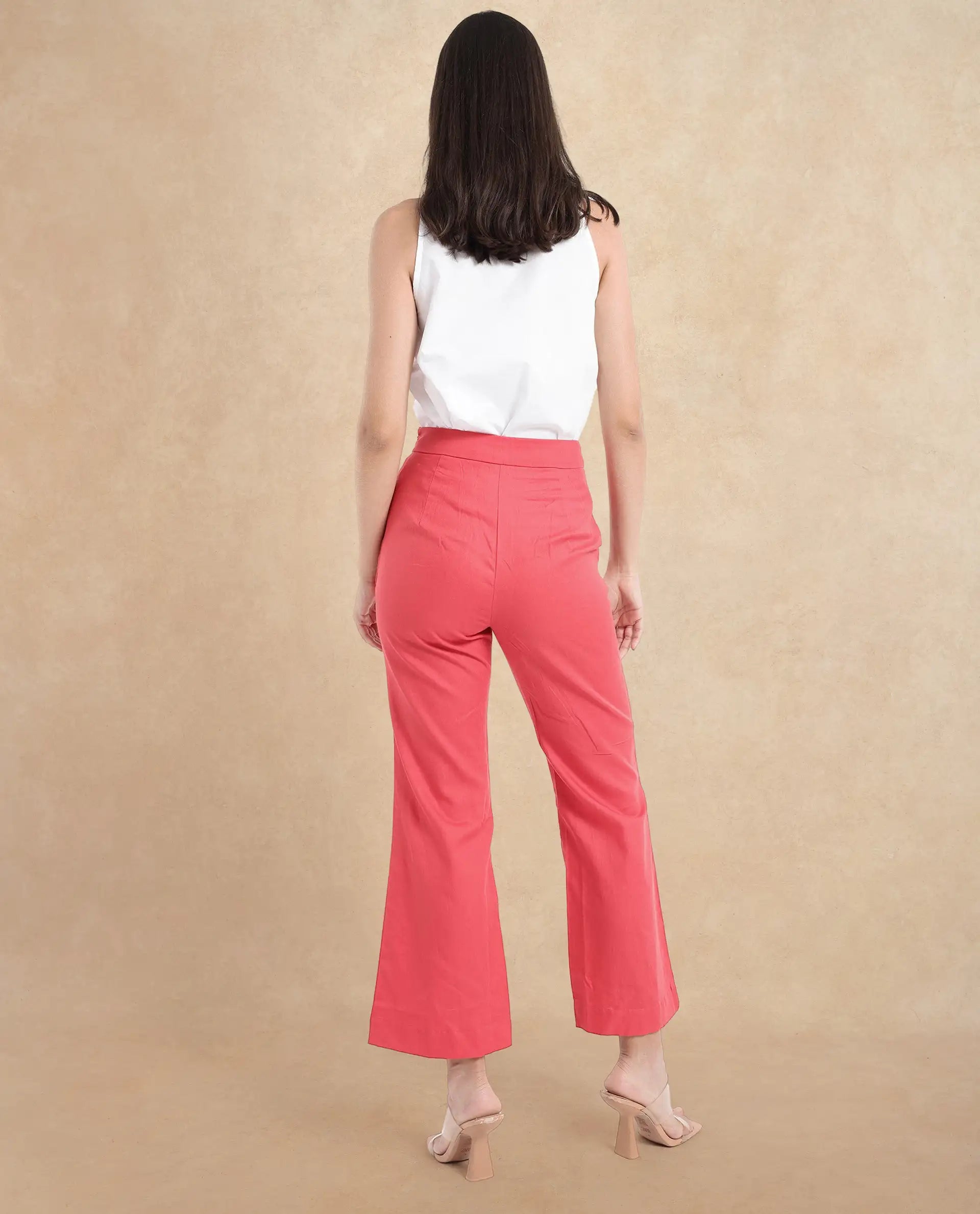 Rareism Women Varese Light Orange Wide Fit Ankle Length Plain Trouser