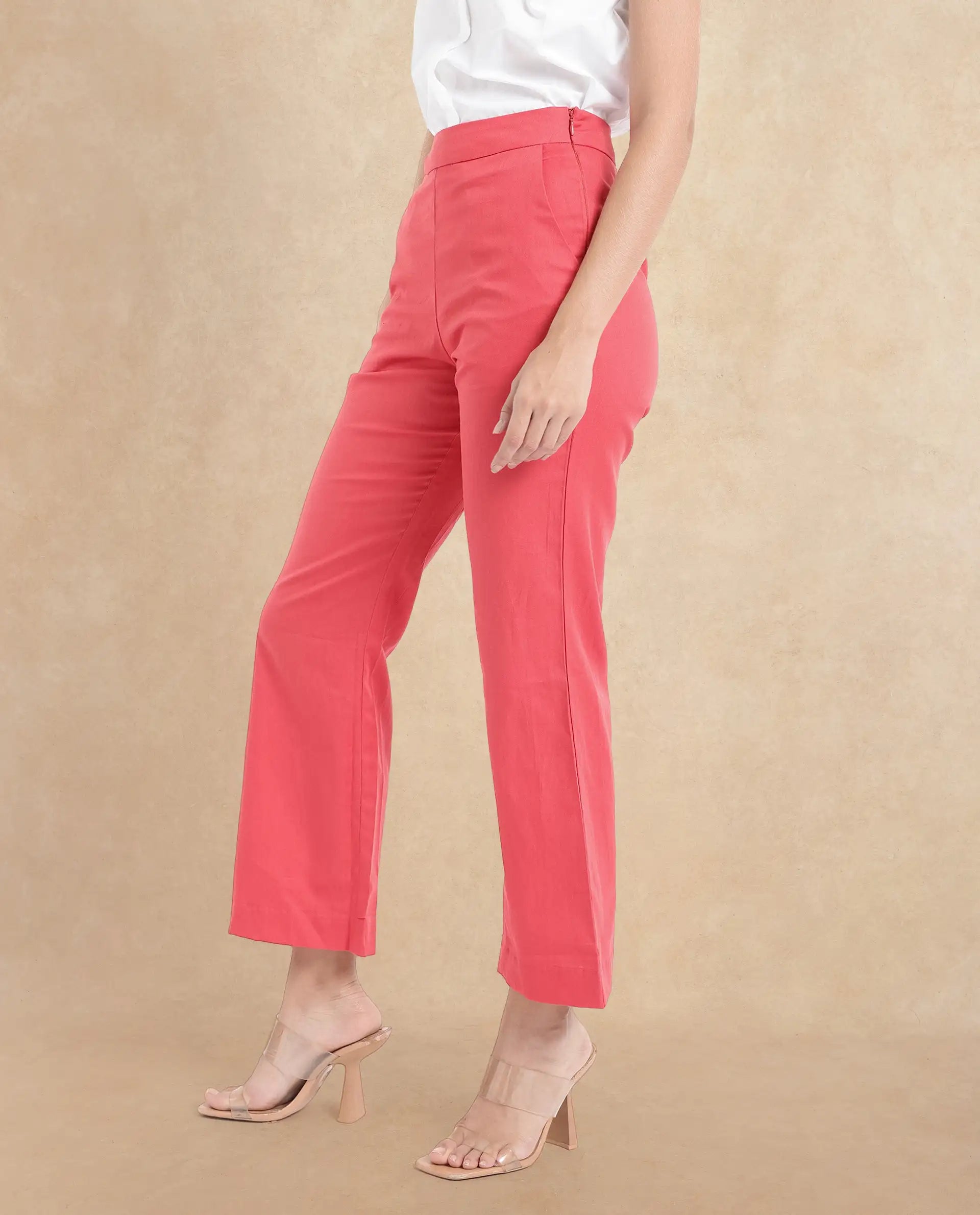 Rareism Women Varese Light Orange Wide Fit Ankle Length Plain Trouser