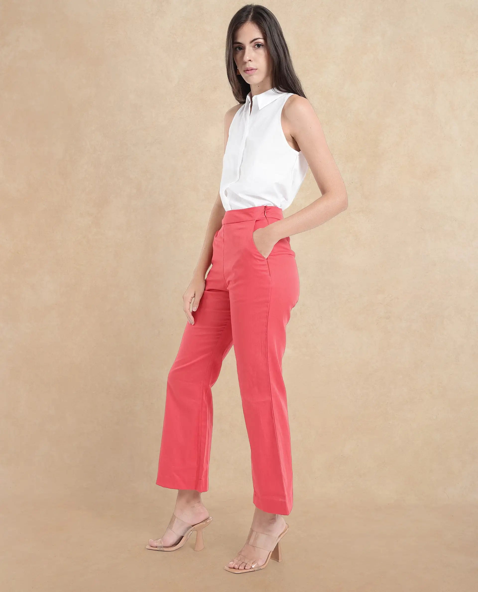 Rareism Women Varese Light Orange Wide Fit Ankle Length Plain Trouser