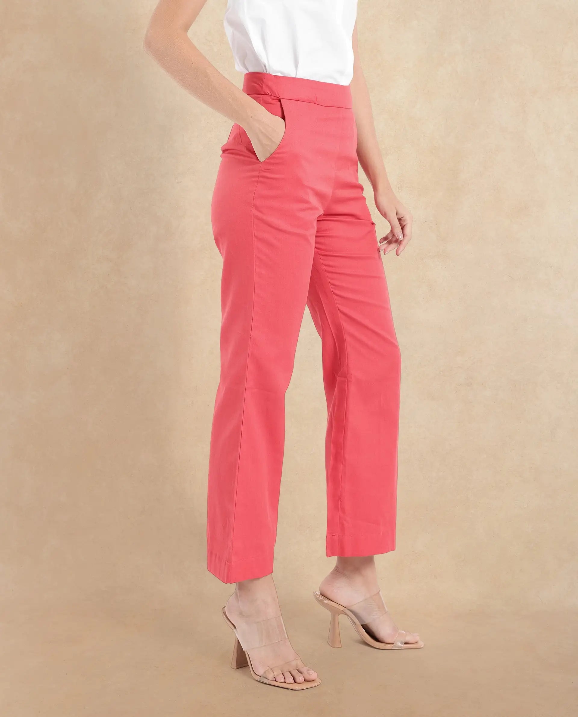 Rareism Women Varese Light Orange Wide Fit Ankle Length Plain Trouser