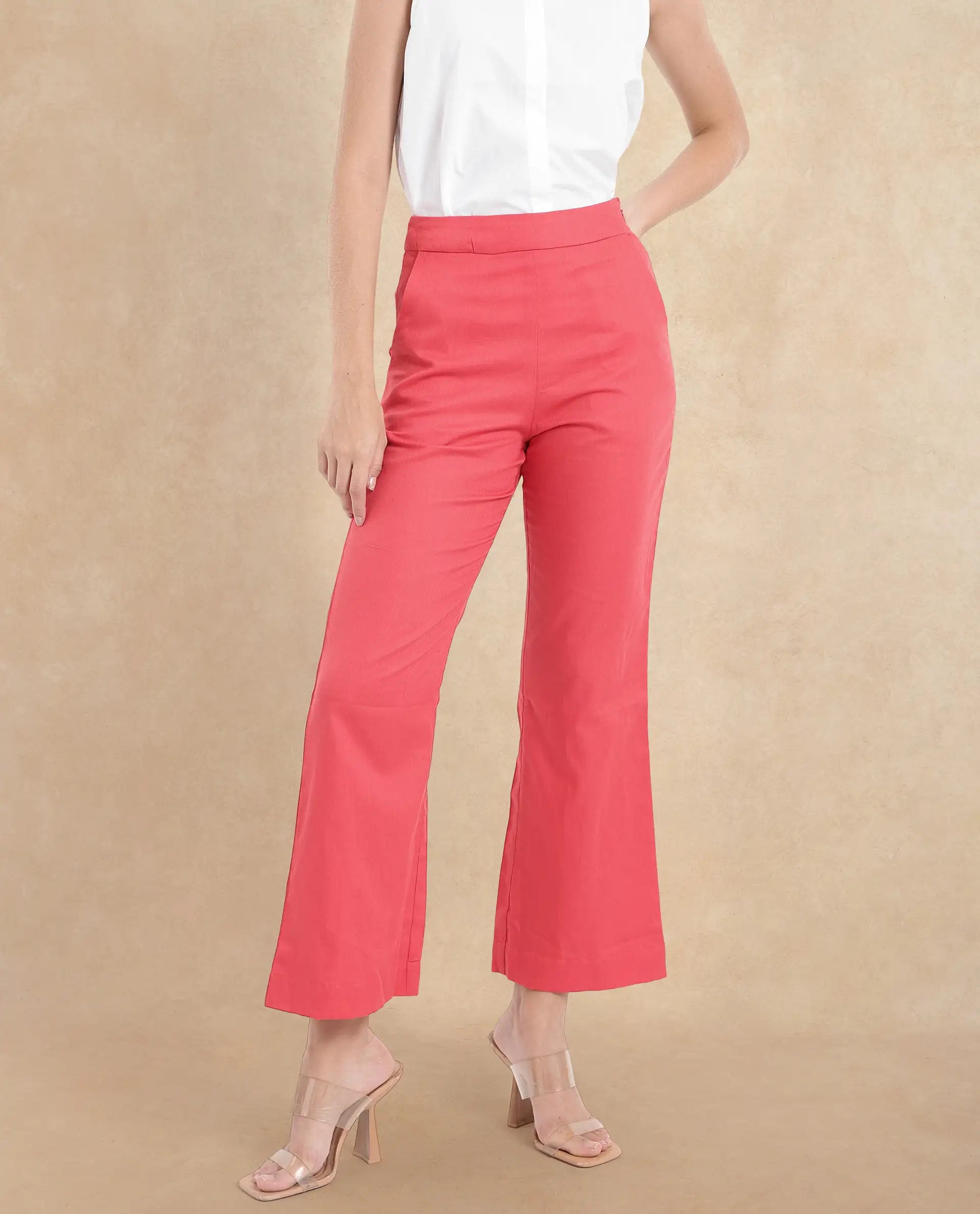 Rareism Women Varese Light Orange Wide Fit Ankle Length Plain Trouser