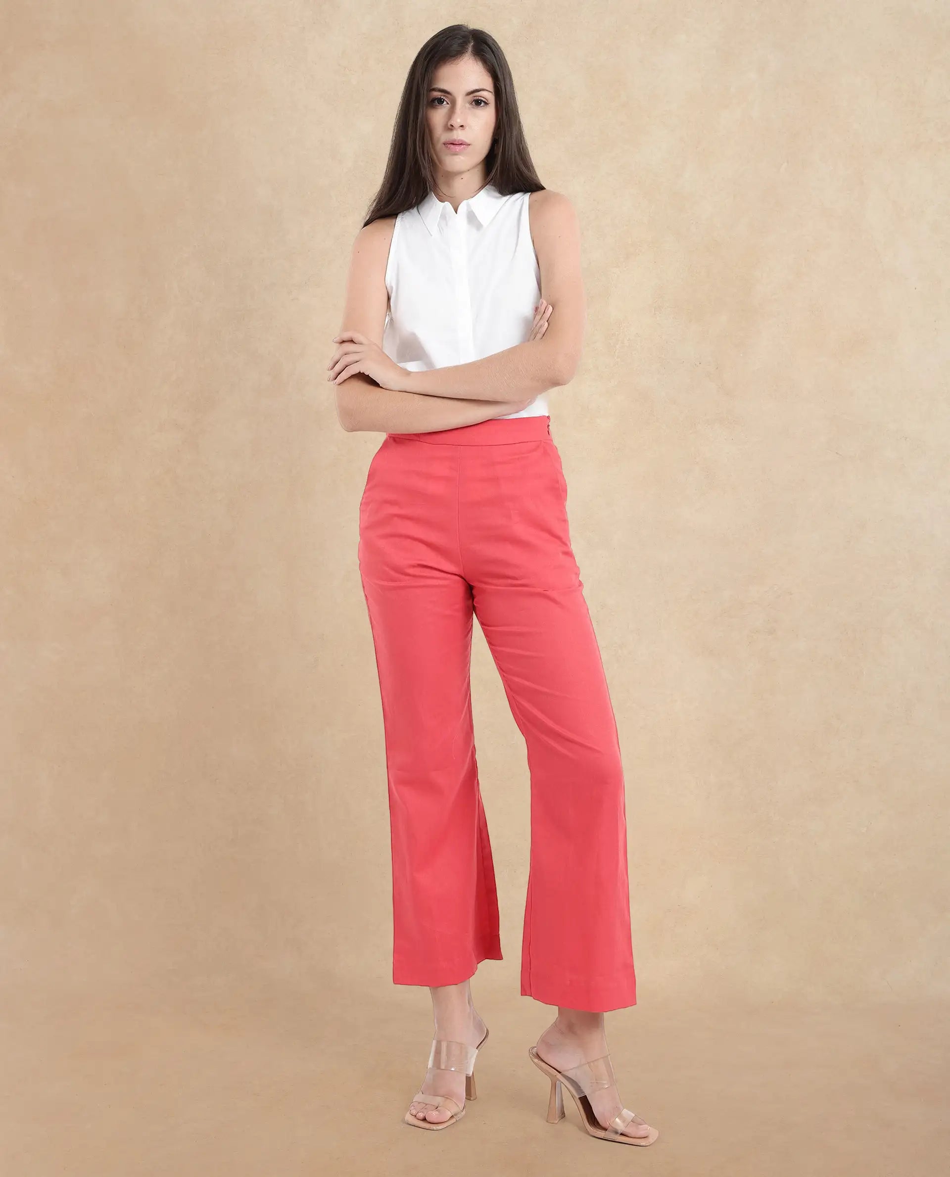 Rareism Women Varese Light Orange Wide Fit Ankle Length Plain Trouser