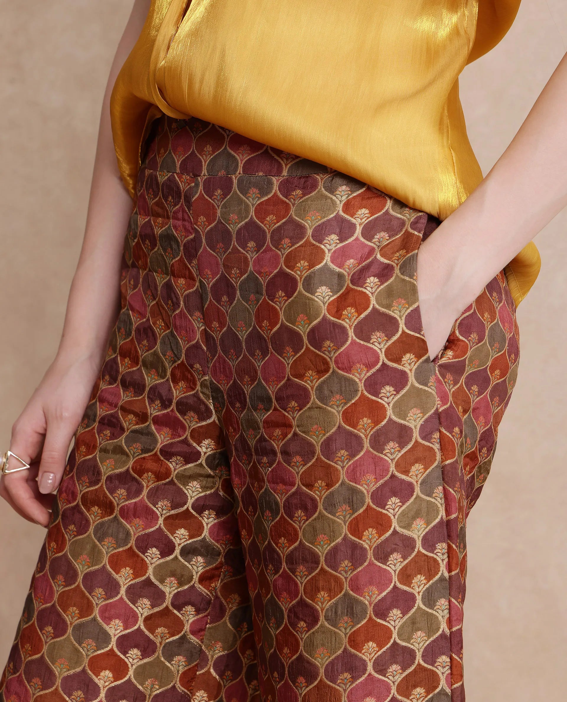 Rareism Women Varfa-B Multi Zipper Closure Flared Ankle Length Jacquard Trouser