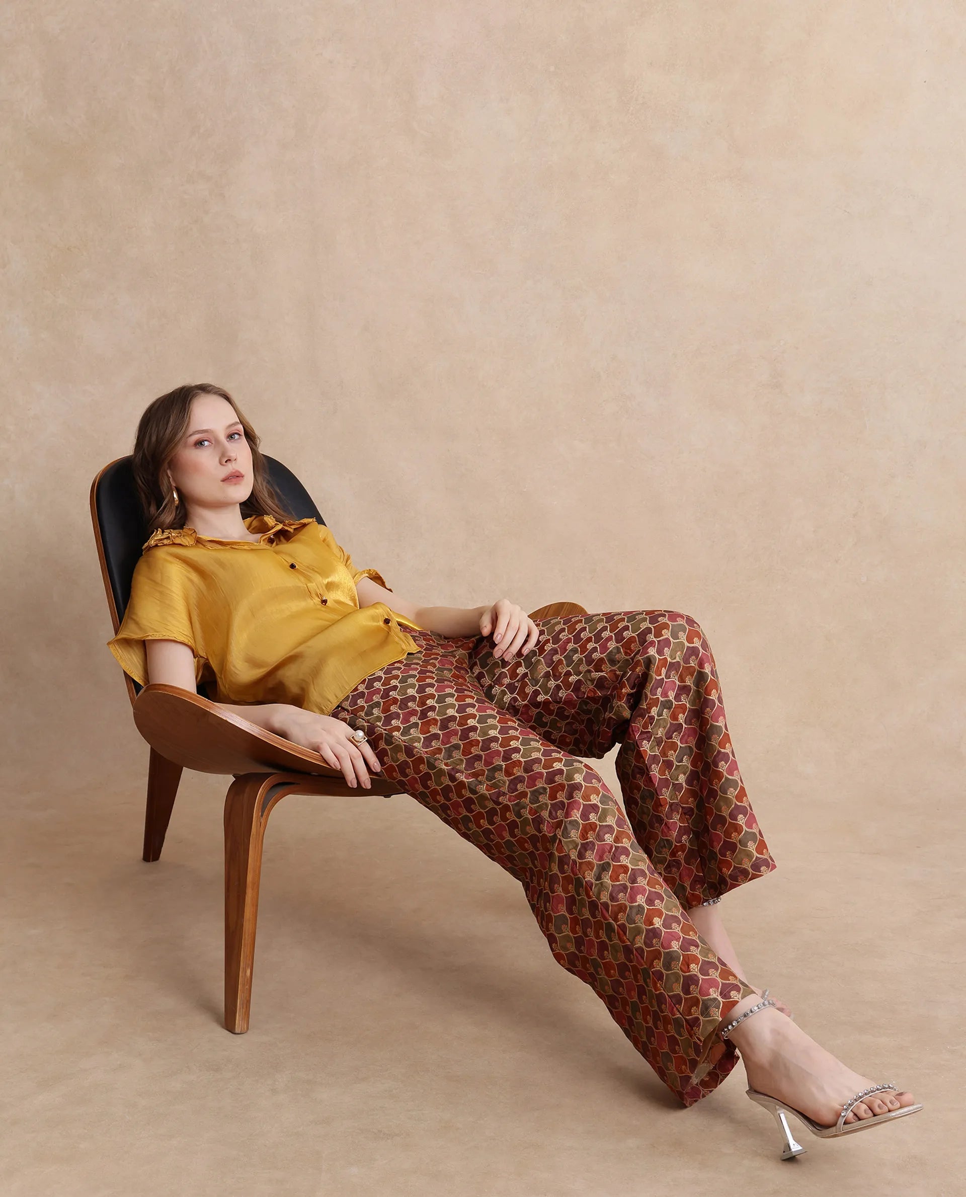 Rareism Women Varfa-B Multi Zipper Closure Flared Ankle Length Jacquard Trouser