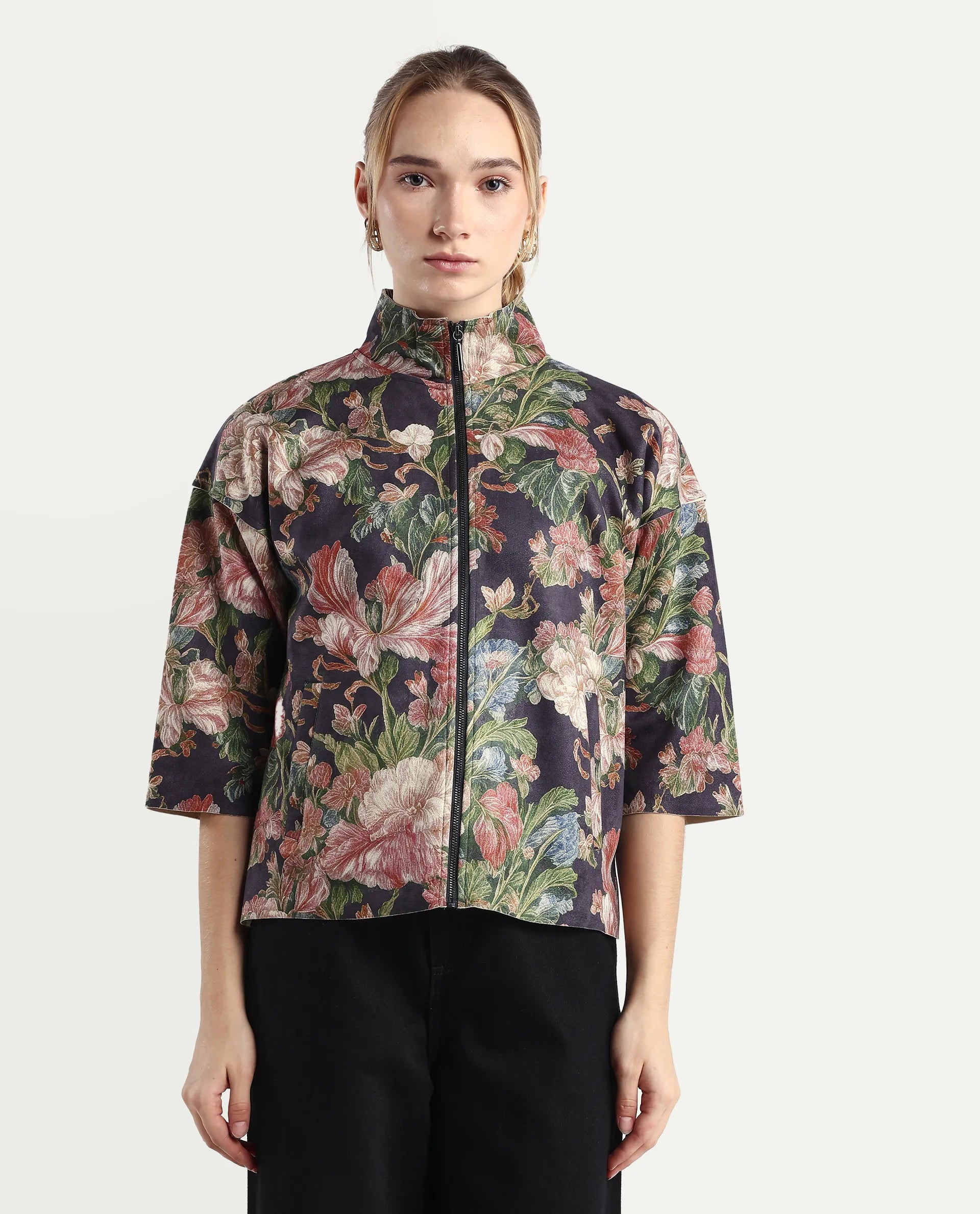 Rareism Women's Varo Grey Polyester Blend High Neck Boxy Fit Jacket