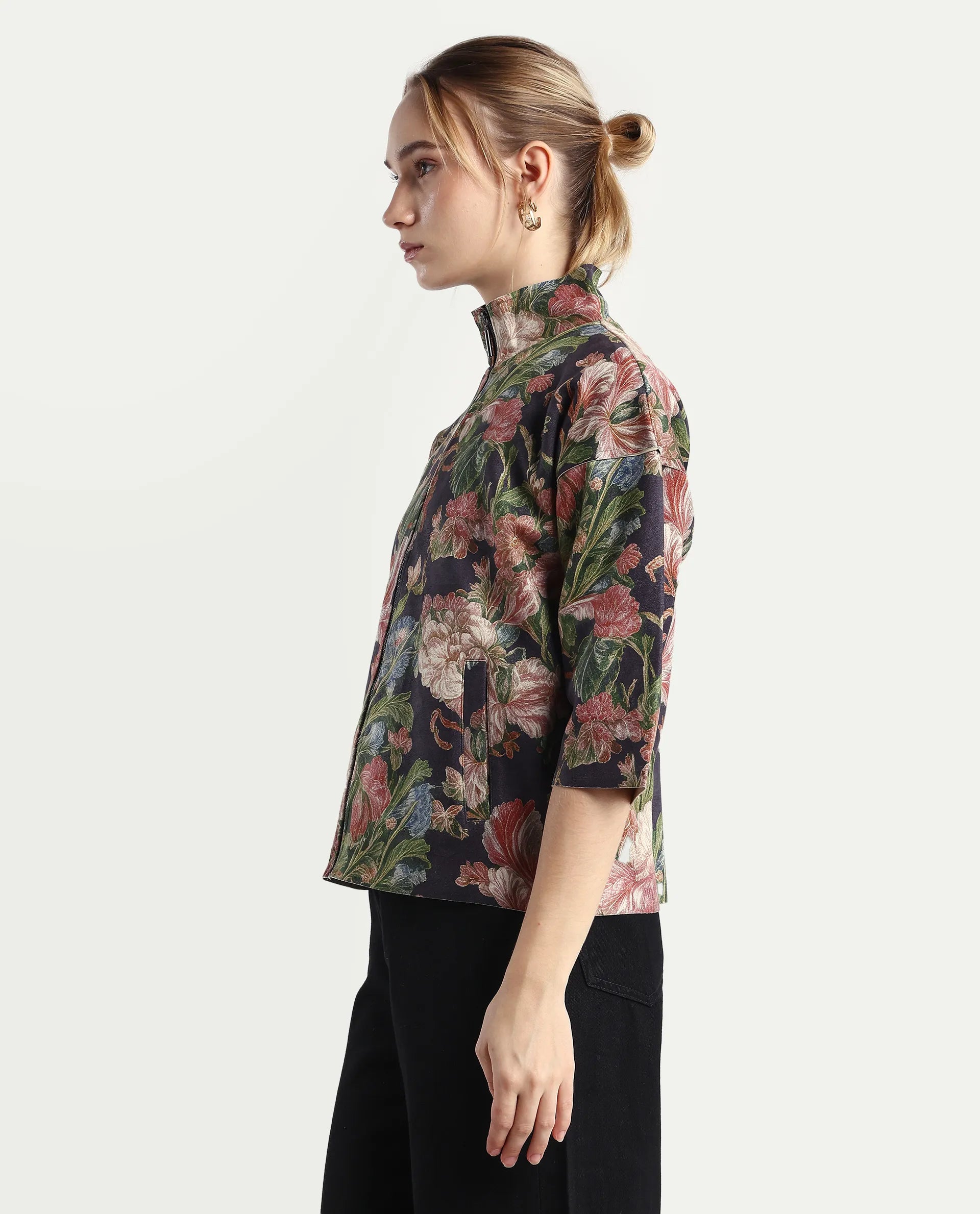 Rareism Women's Varo Grey Polyester Blend High Neck Boxy Fit Jacket