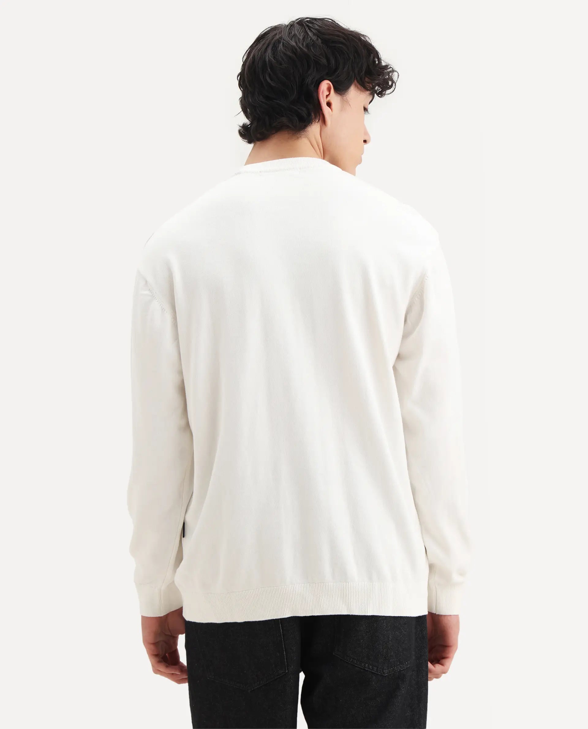 Rare Rabbit Men's Varo Off White Cotton Embroidered Regular Fit Full Sleeve Crew Neck Sweater