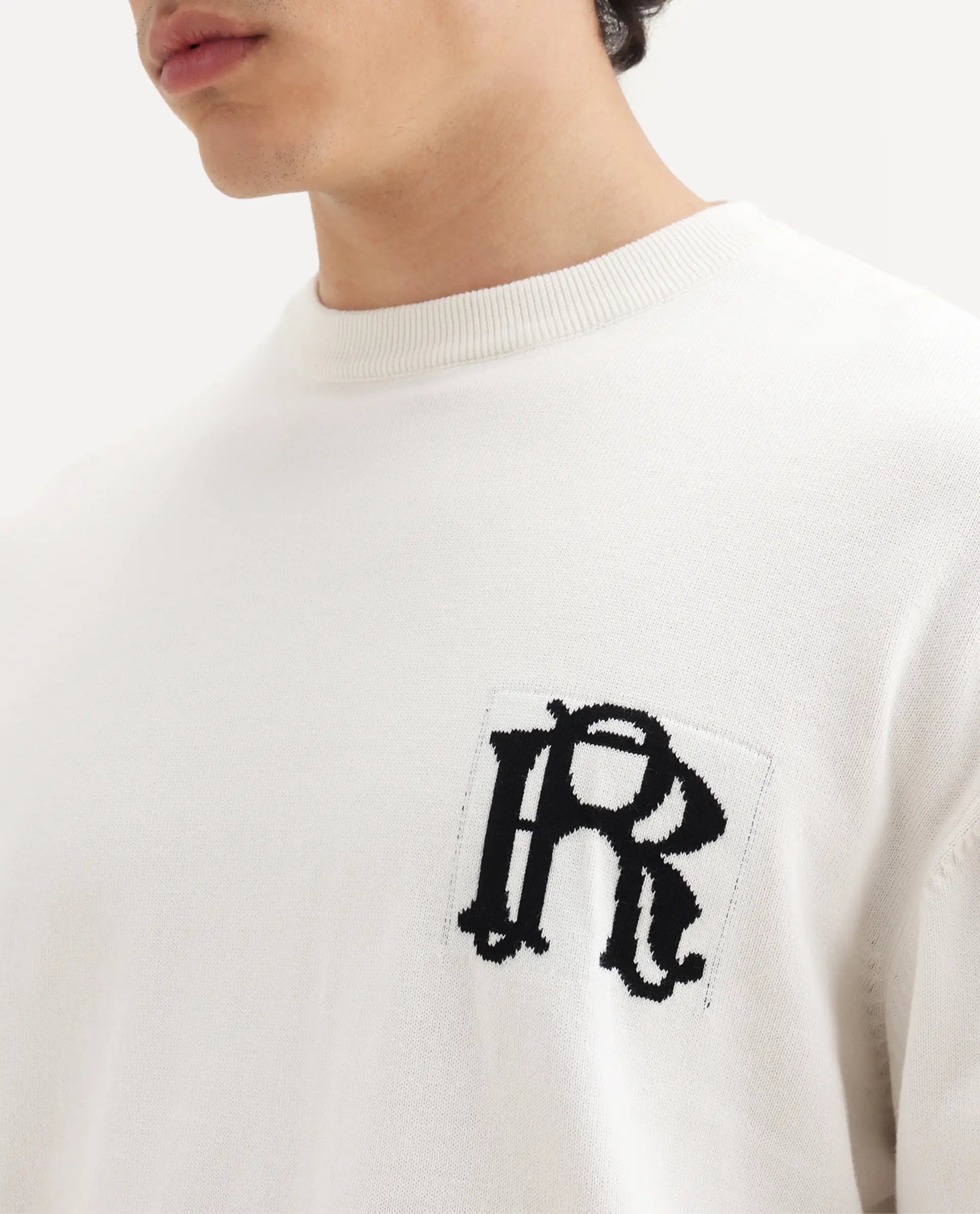 Rare Rabbit Men's Varo Off White Cotton Embroidered Regular Fit Full Sleeve Crew Neck Sweater