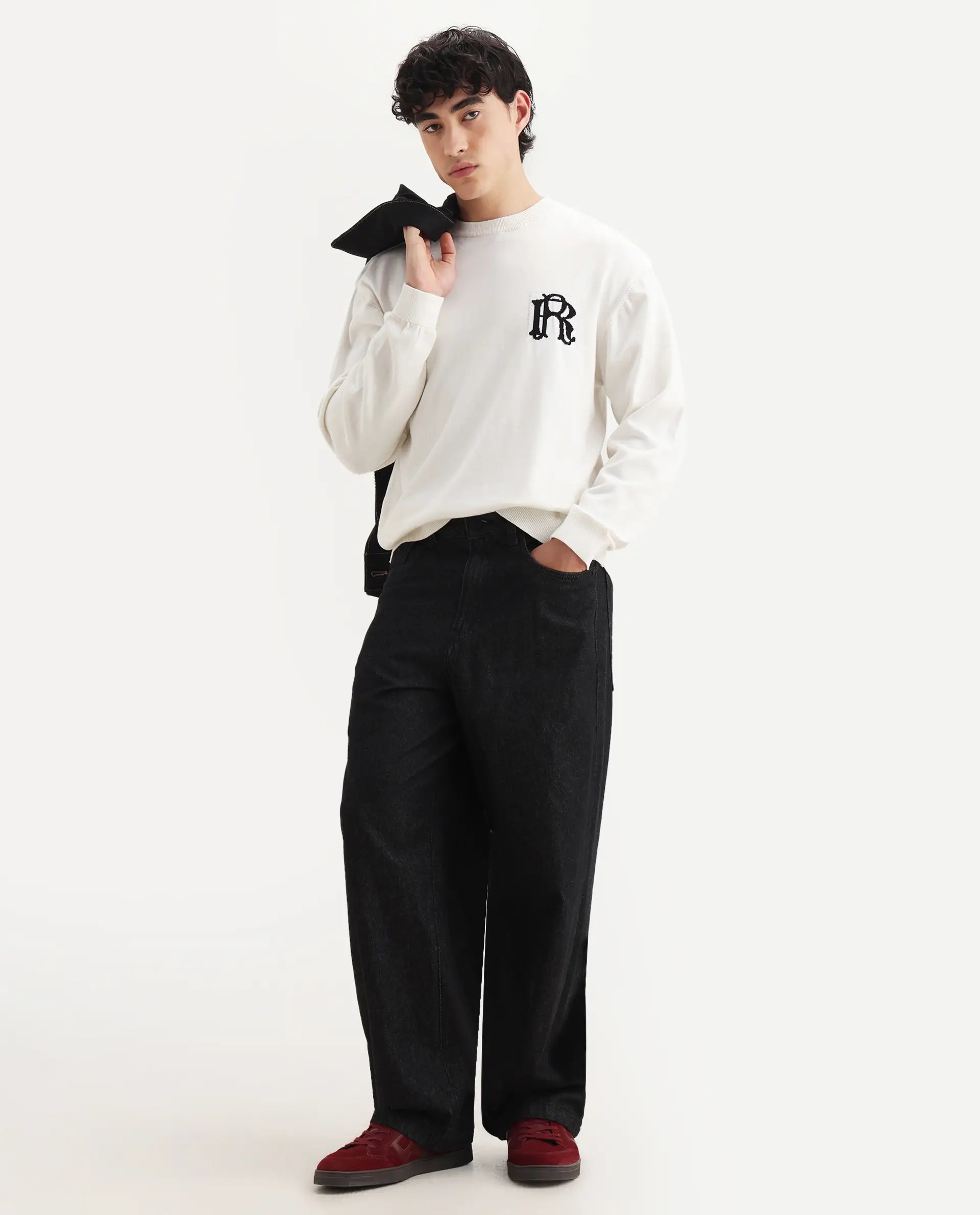 Rare Rabbit Men's Varo Off White Cotton Embroidered Regular Fit Full Sleeve Crew Neck Sweater