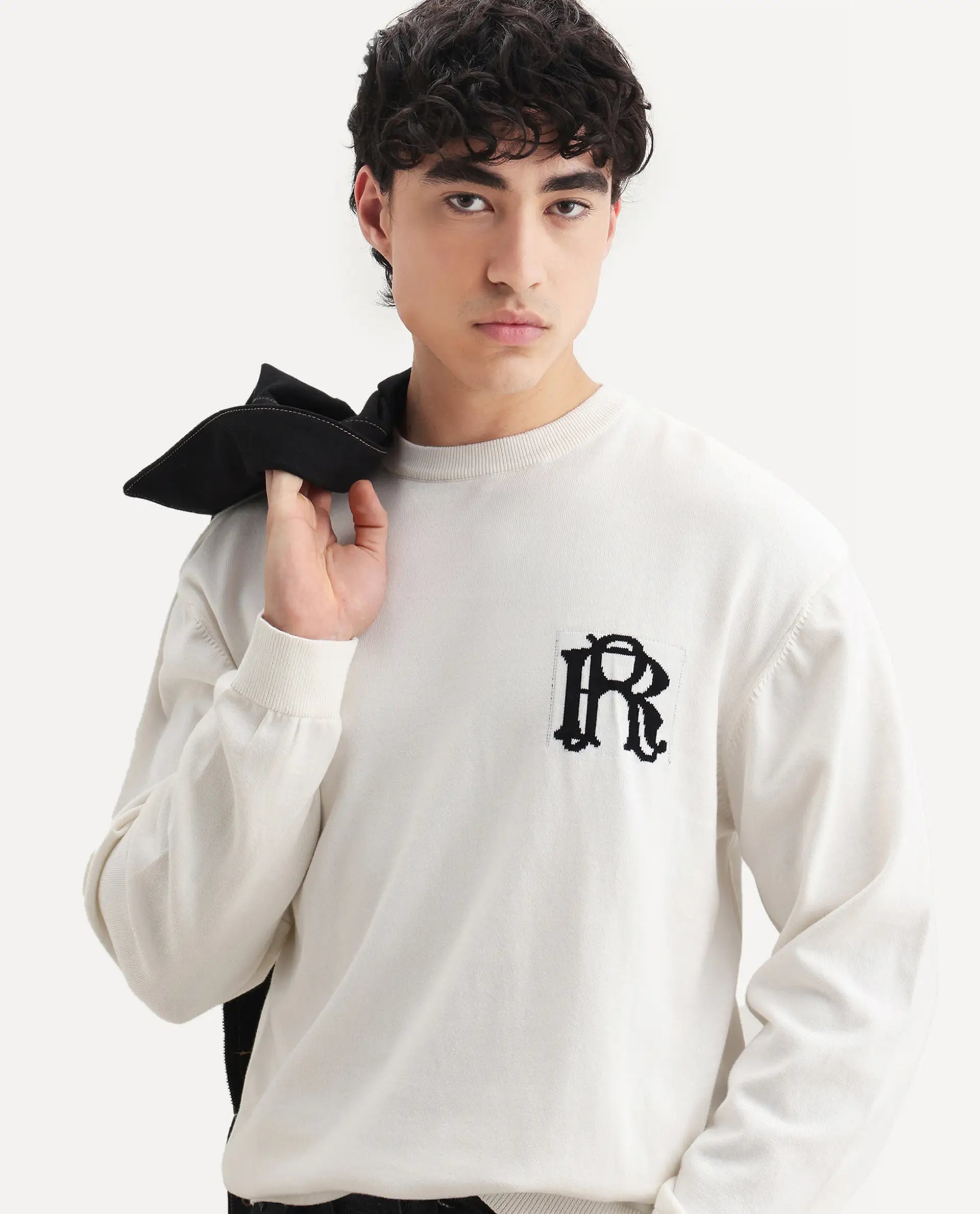 Rare Rabbit Men's Varo Off White Cotton Embroidered Regular Fit Full Sleeve Crew Neck Sweater