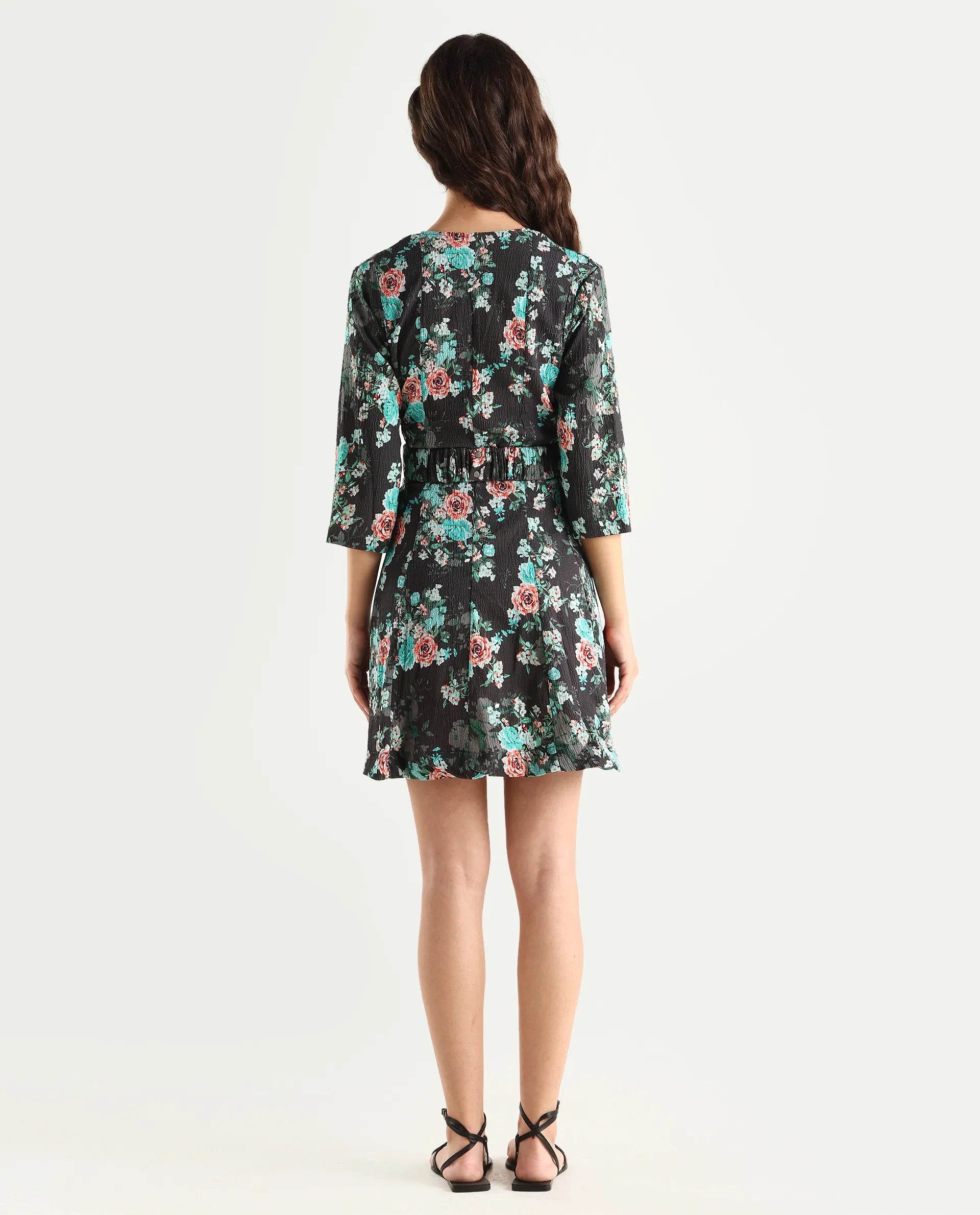 Rareism Women's Vasec Grey Key Hole Neck Floral Print Knee Length Regular Fit Dress