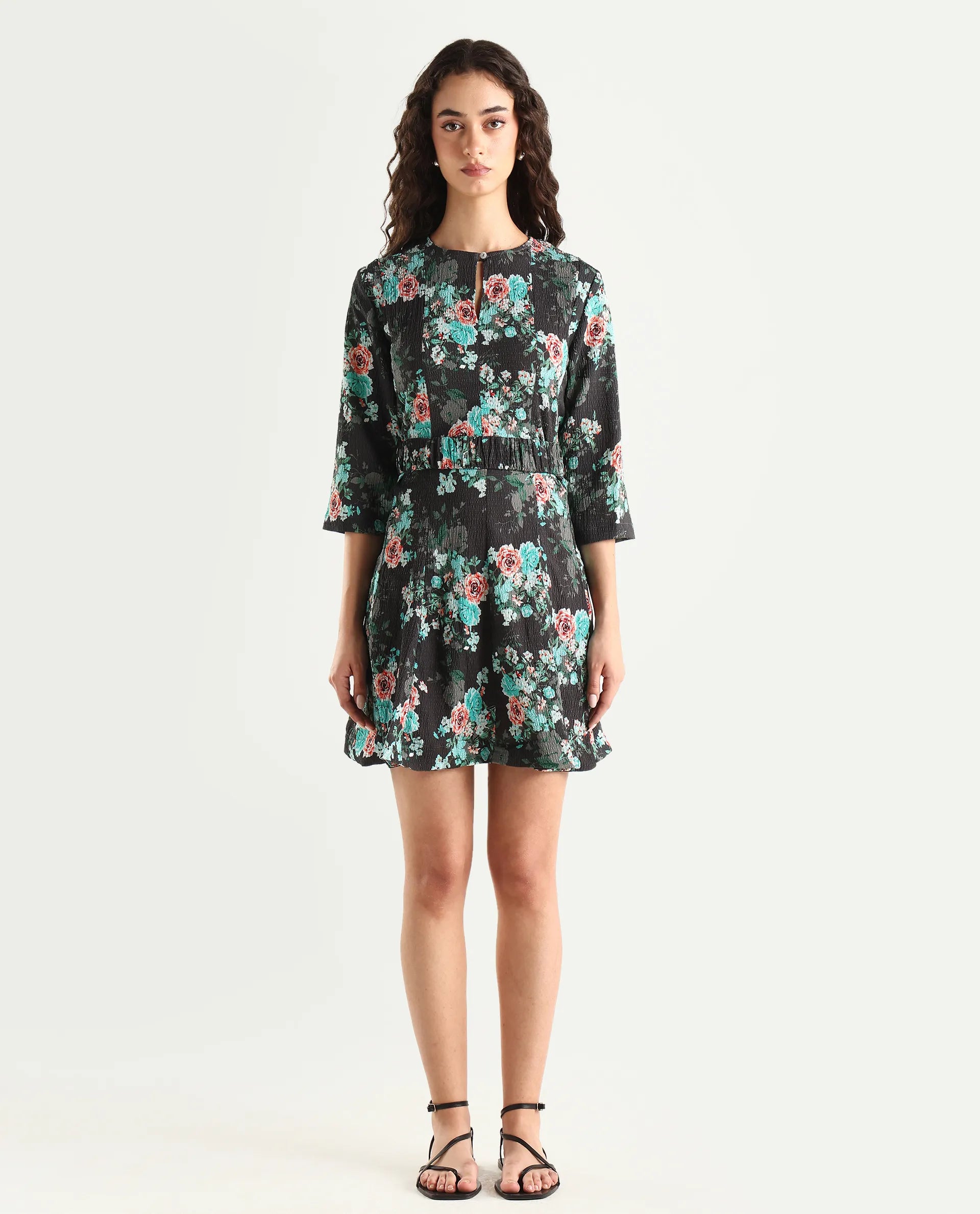 Rareism Women's Vasec Grey Key Hole Neck Floral Print Knee Length Regular Fit Dress