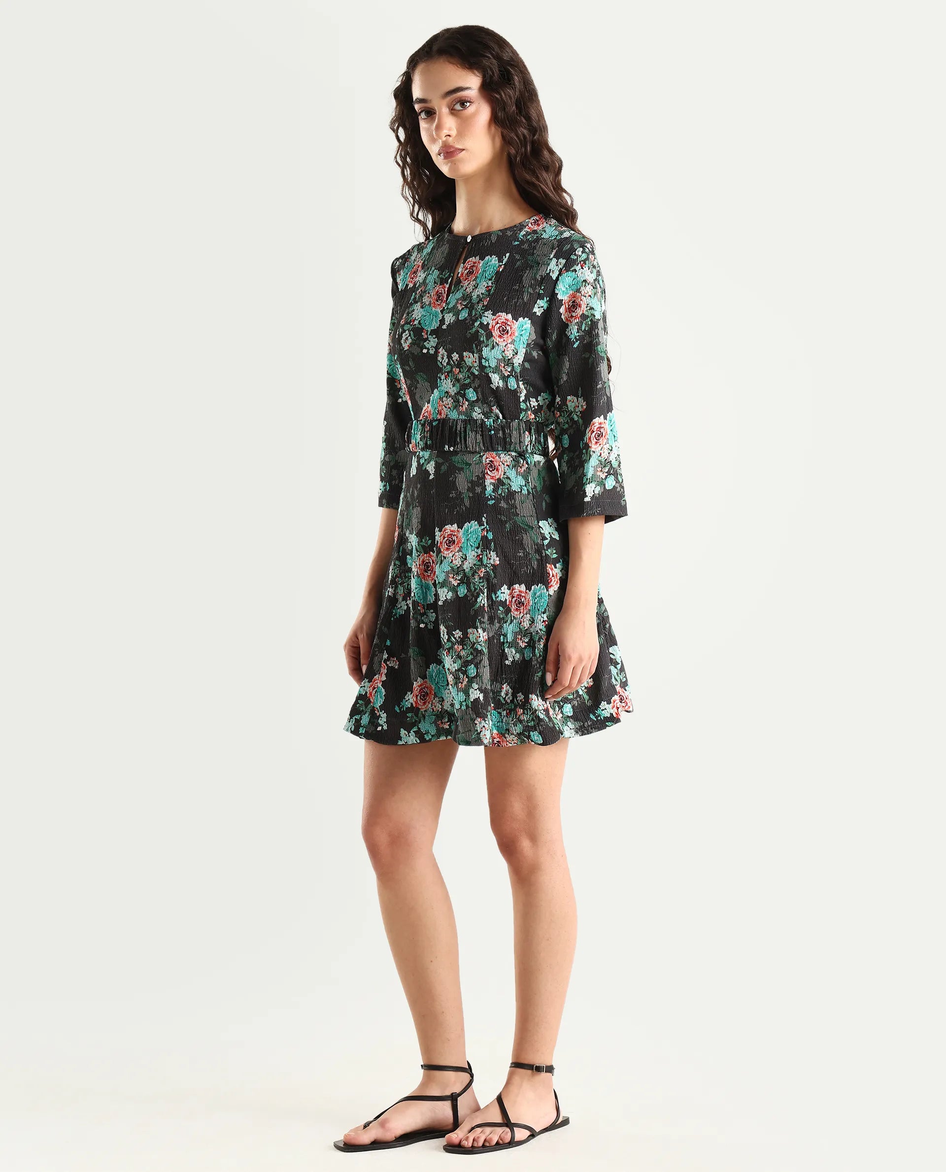 Rareism Women's Vasec Grey Key Hole Neck Floral Print Knee Length Regular Fit Dress