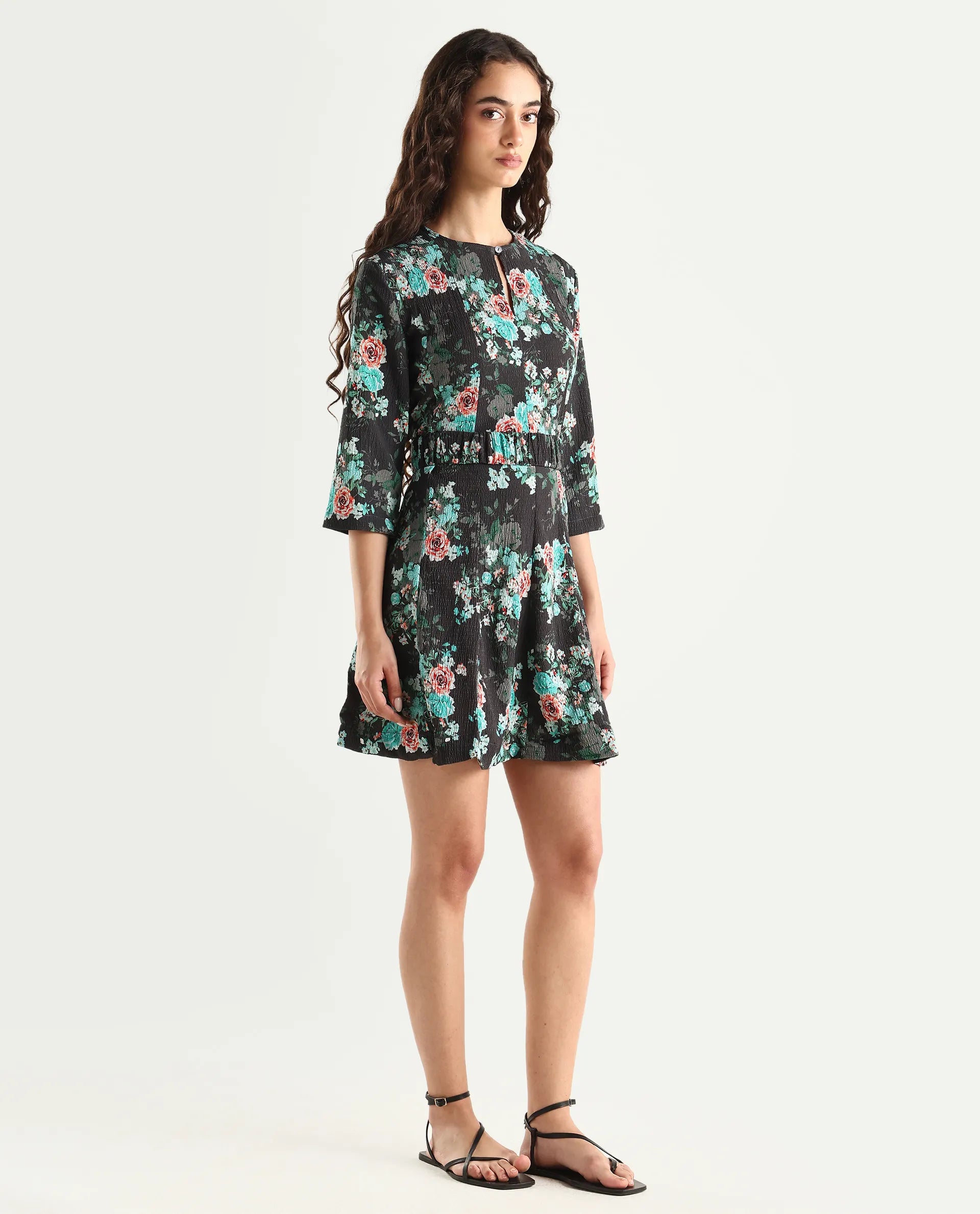 Rareism Women's Vasec Grey Key Hole Neck Floral Print Knee Length Regular Fit Dress