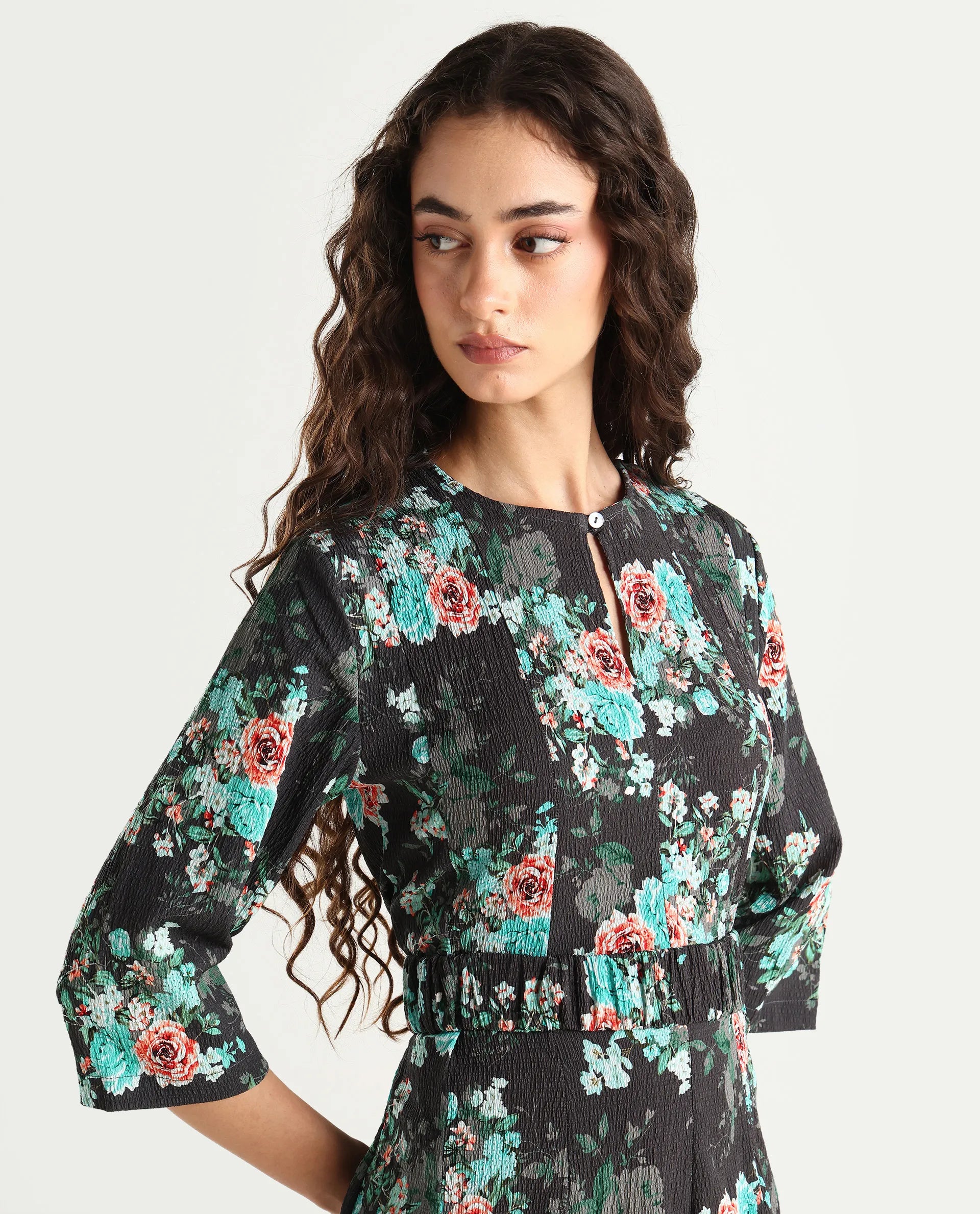 Rareism Women's Vasec Grey Key Hole Neck Floral Print Knee Length Regular Fit Dress