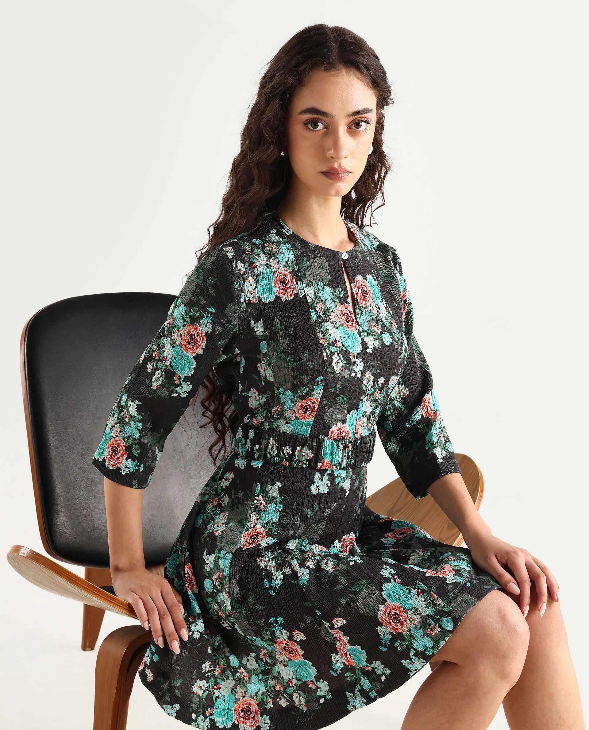 Rareism Women's Vasec Grey Key Hole Neck Floral Print Knee Length Regular Fit Dress