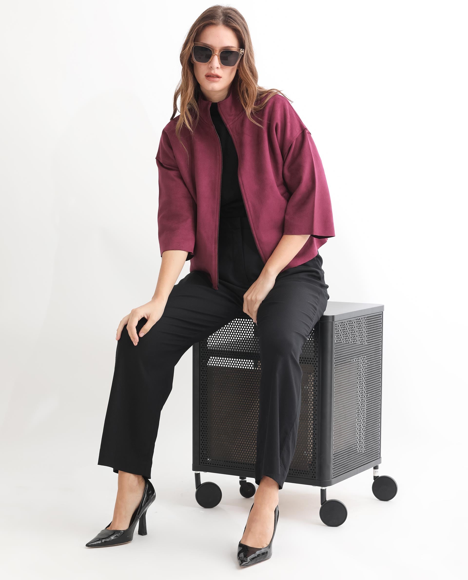 Rareism Women Vasu 1 Pink Polyester Fabric 3/4Th Sleeves Solid Mandarin Collar Jacket