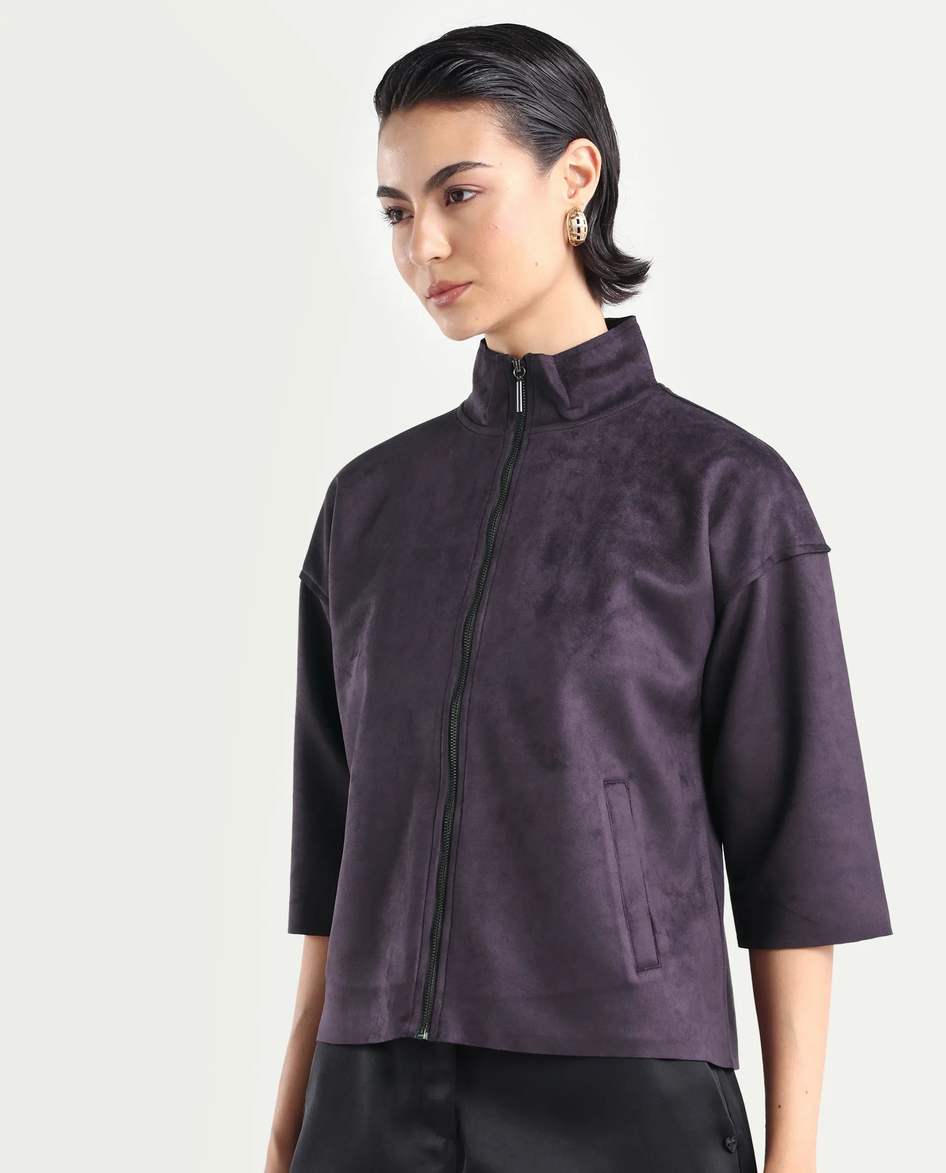 Rareism Women's Vasu-25 Purple Polyester Blend Crew Neck Regular Fit Jacket