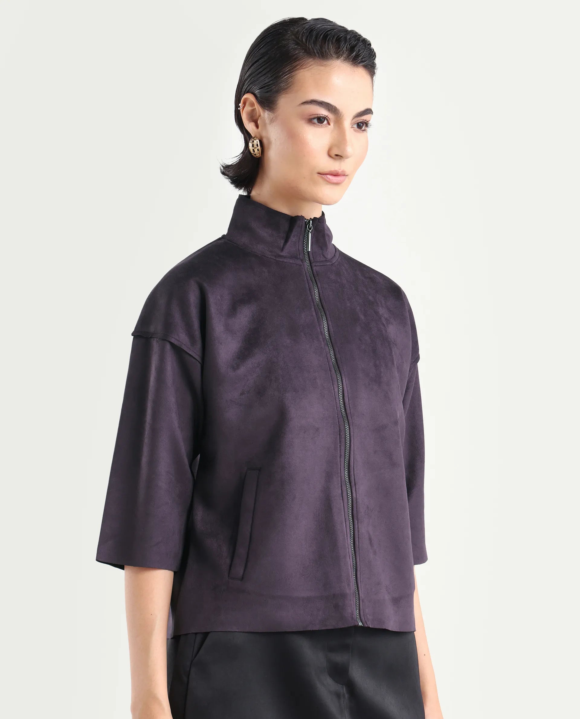 Rareism Women's Vasu-25 Purple Polyester Blend Crew Neck Regular Fit Jacket