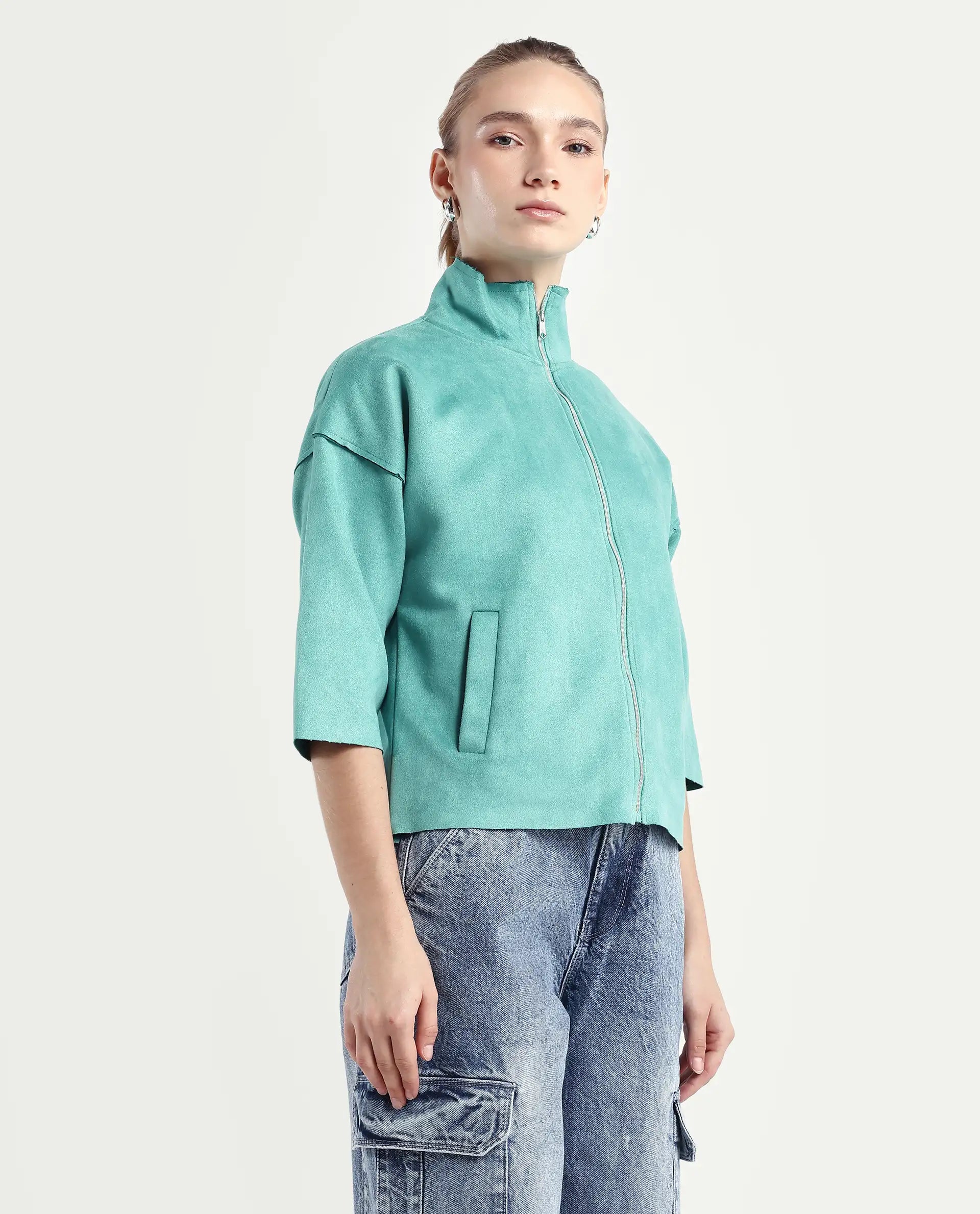 Rareism Women's Vasu 2 Light Blue Suede Stand Collar Plain Boxy Fit Jacket