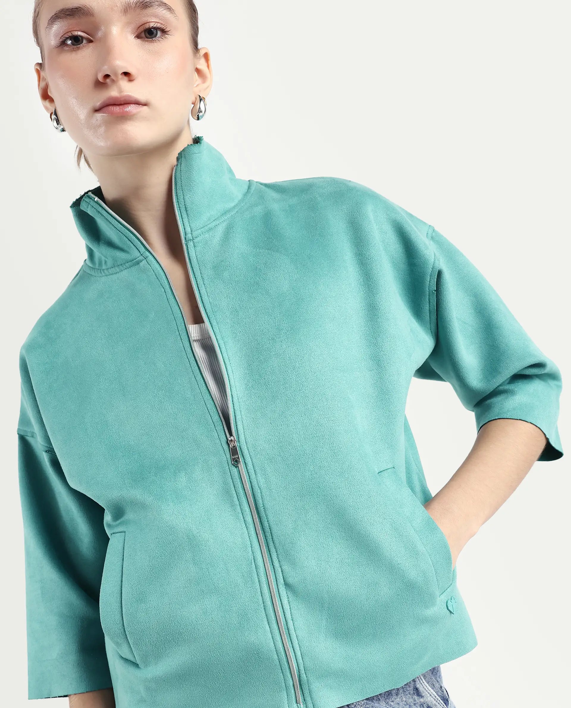 Rareism Women's Vasu 2 Light Blue Suede Stand Collar Plain Boxy Fit Jacket