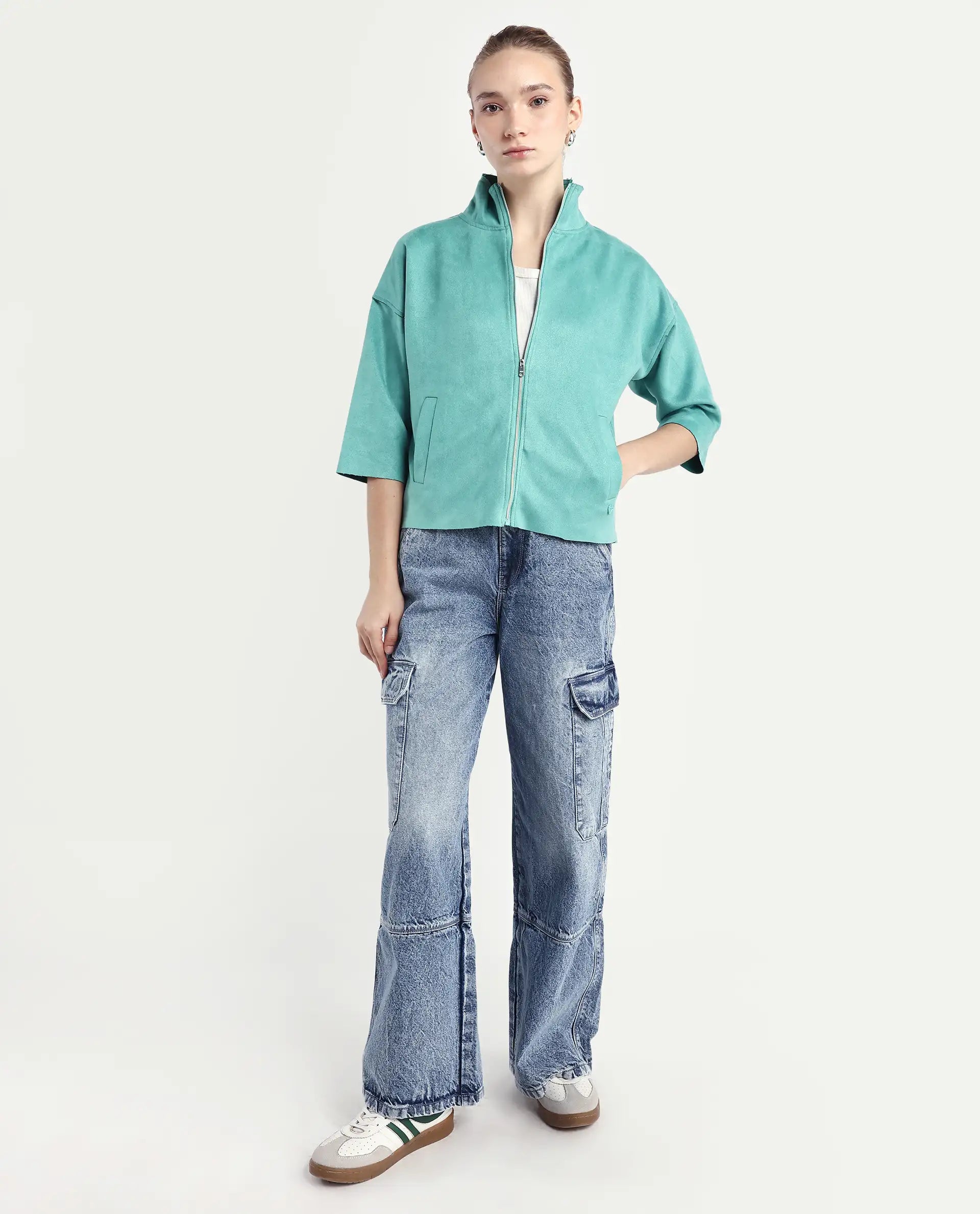 Rareism Women's Vasu 2 Light Blue Suede Stand Collar Plain Boxy Fit Jacket