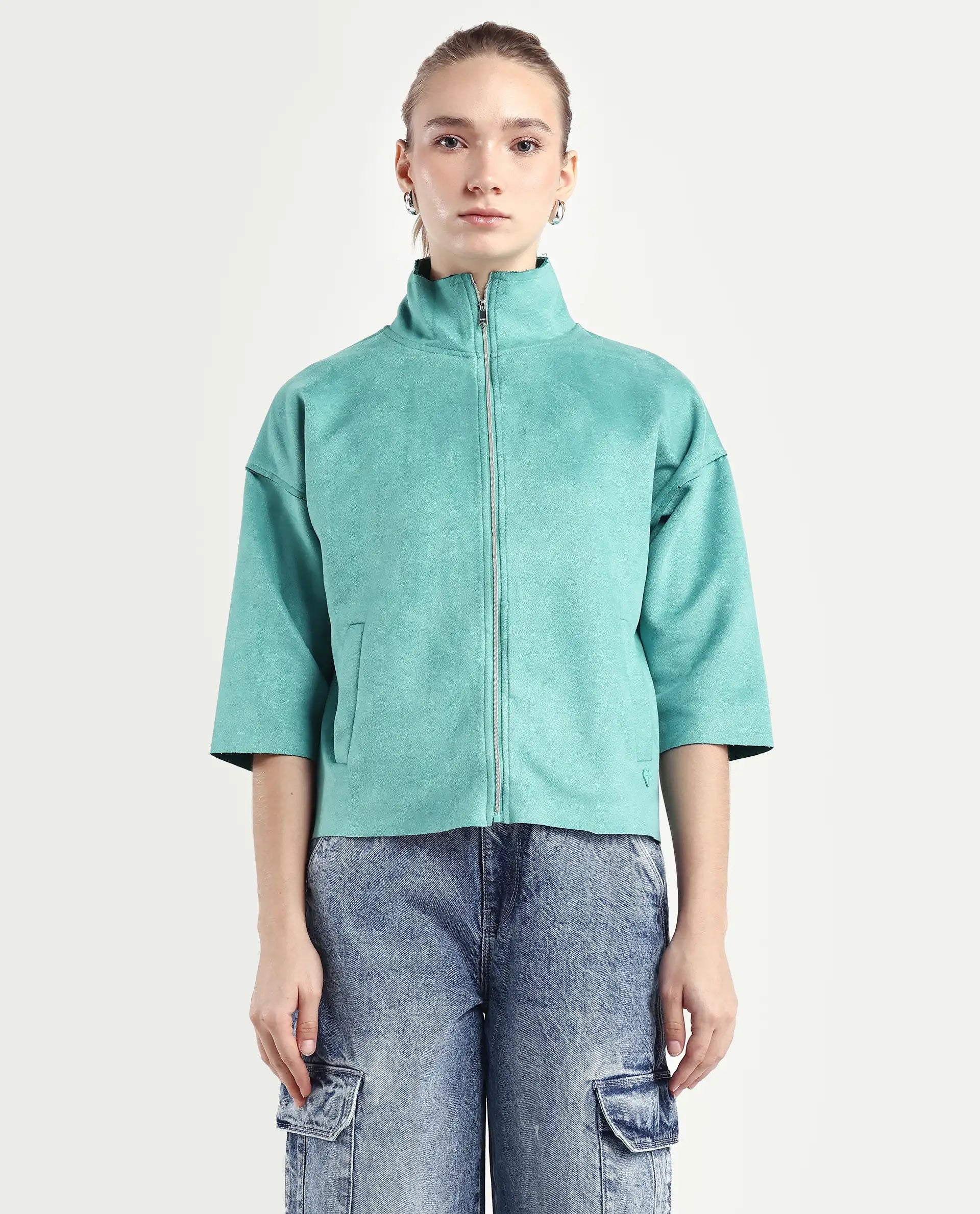 Rareism Women's Vasu 2 Light Blue Suede Stand Collar Plain Boxy Fit Jacket