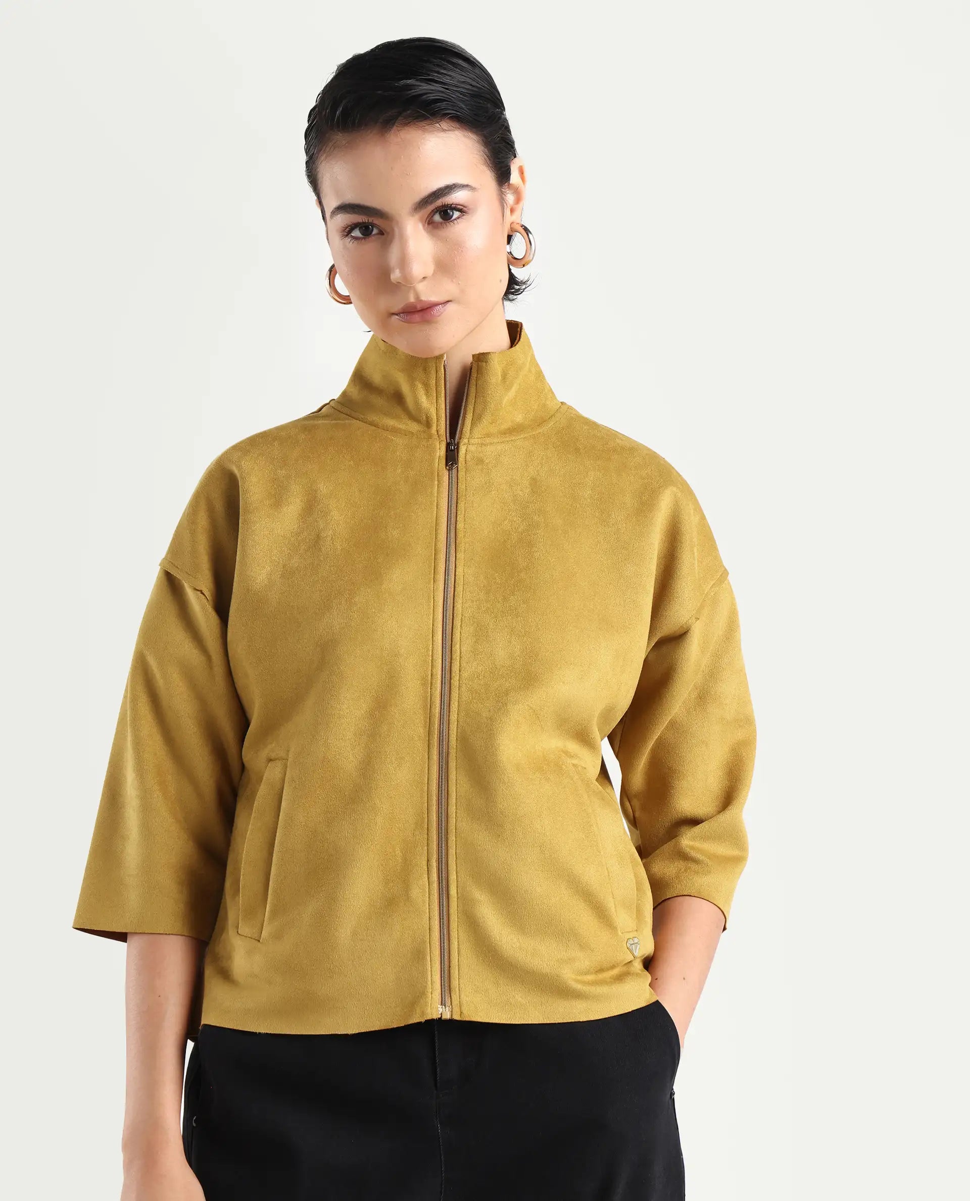 Rareism Women's Vasu 2 Mustard Suede Stand Collar Plain Boxy Fit Jacket
