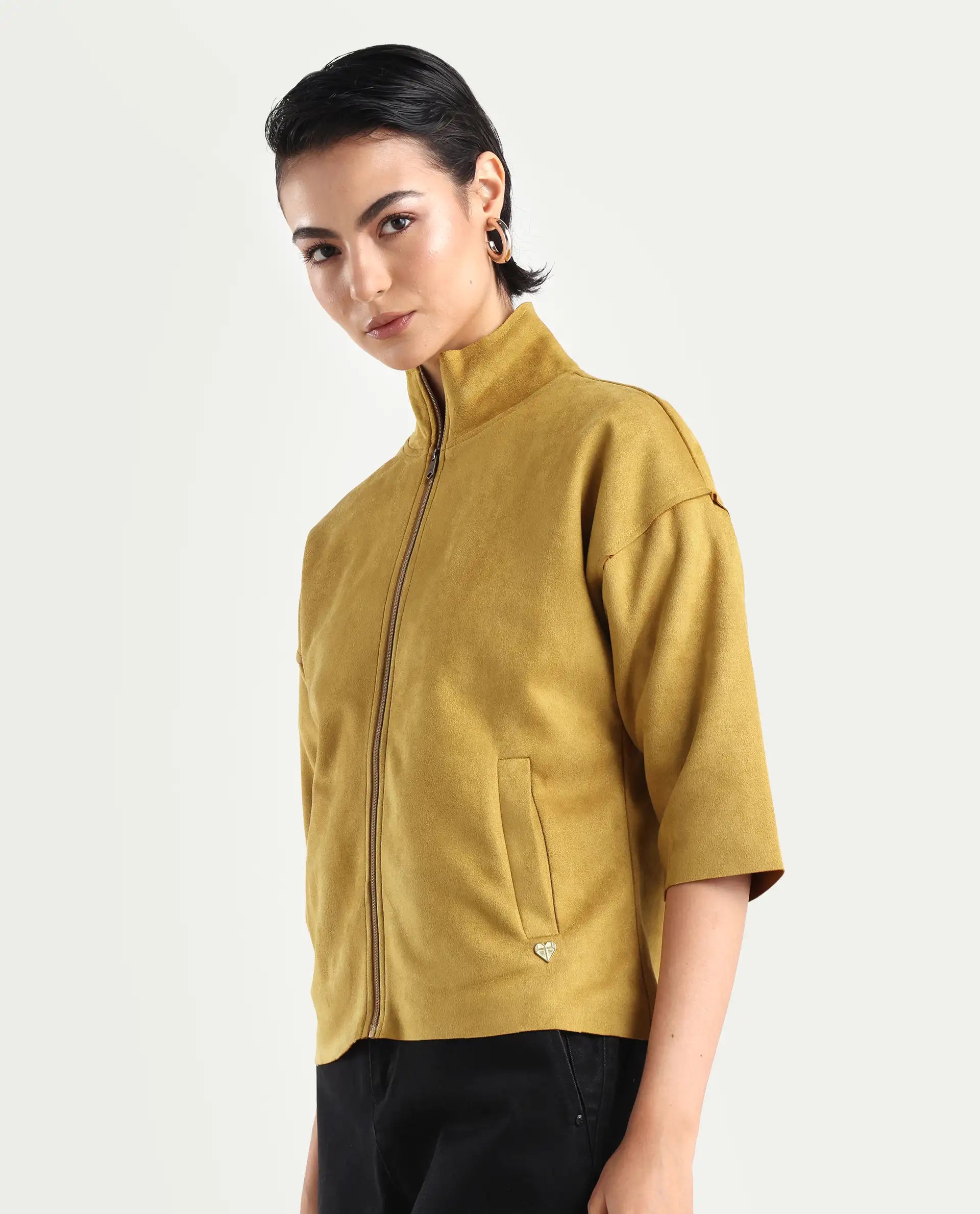 Rareism Women's Vasu 2 Mustard Suede Stand Collar Plain Boxy Fit Jacket
