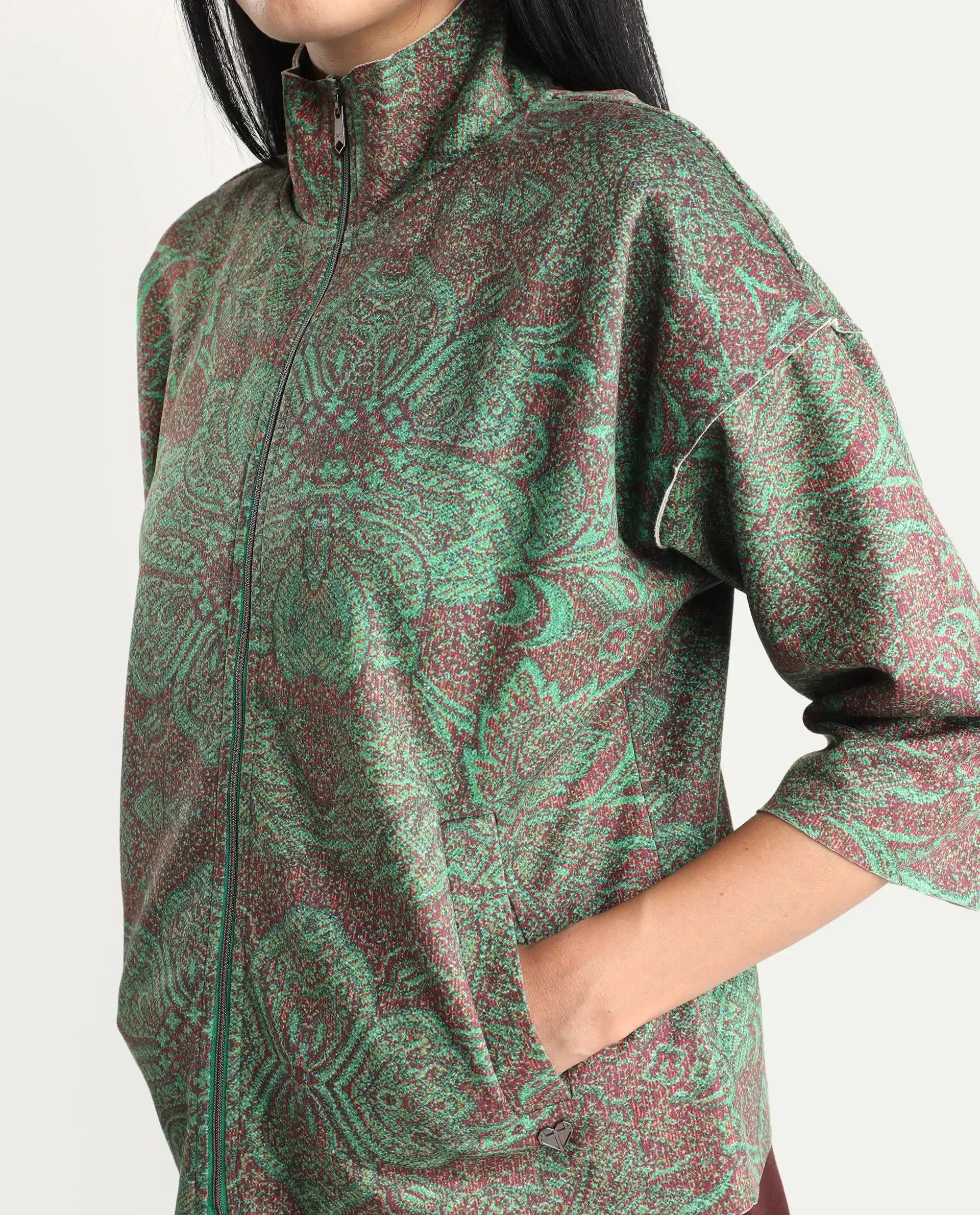 Rareism Women's Vasy Multi Suede Stand Collar Floral Print Boxy Fit Jacket