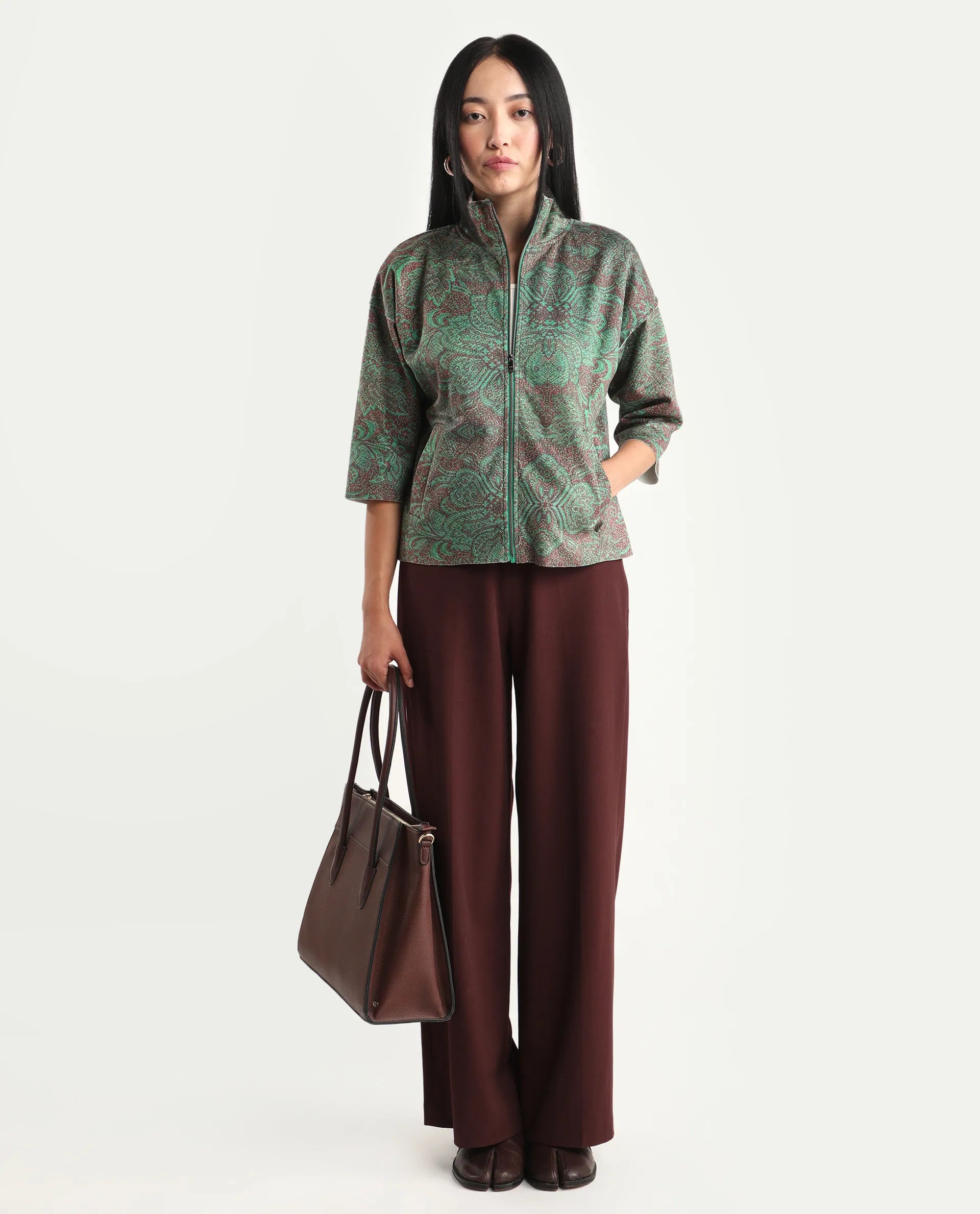 Rareism Women's Vasy Multi Suede Stand Collar Floral Print Boxy Fit Jacket