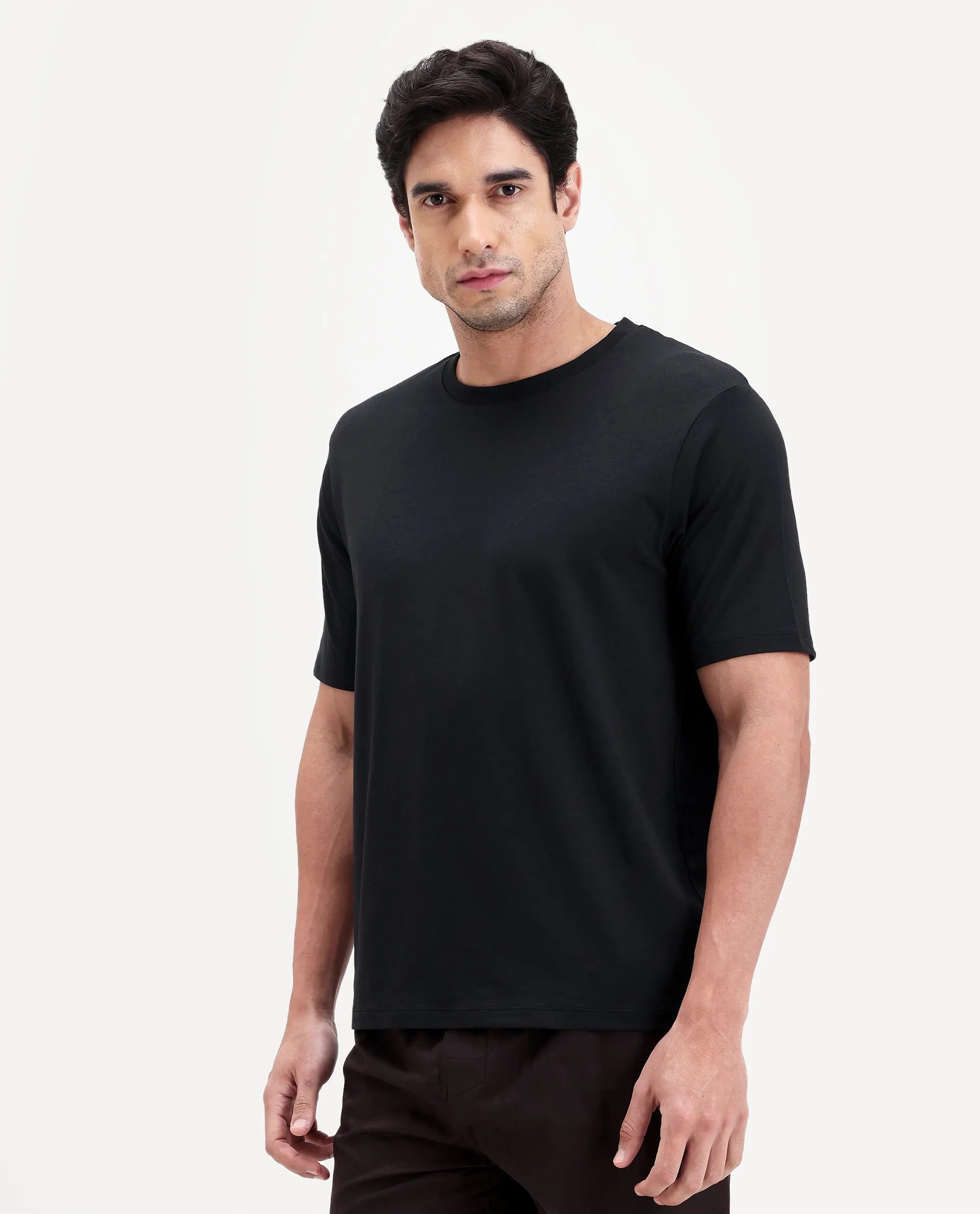 Rare Rabbit Men's Vaux Black Cotton Fabric Half Sleeve Regular Fit Plain T-Shirt