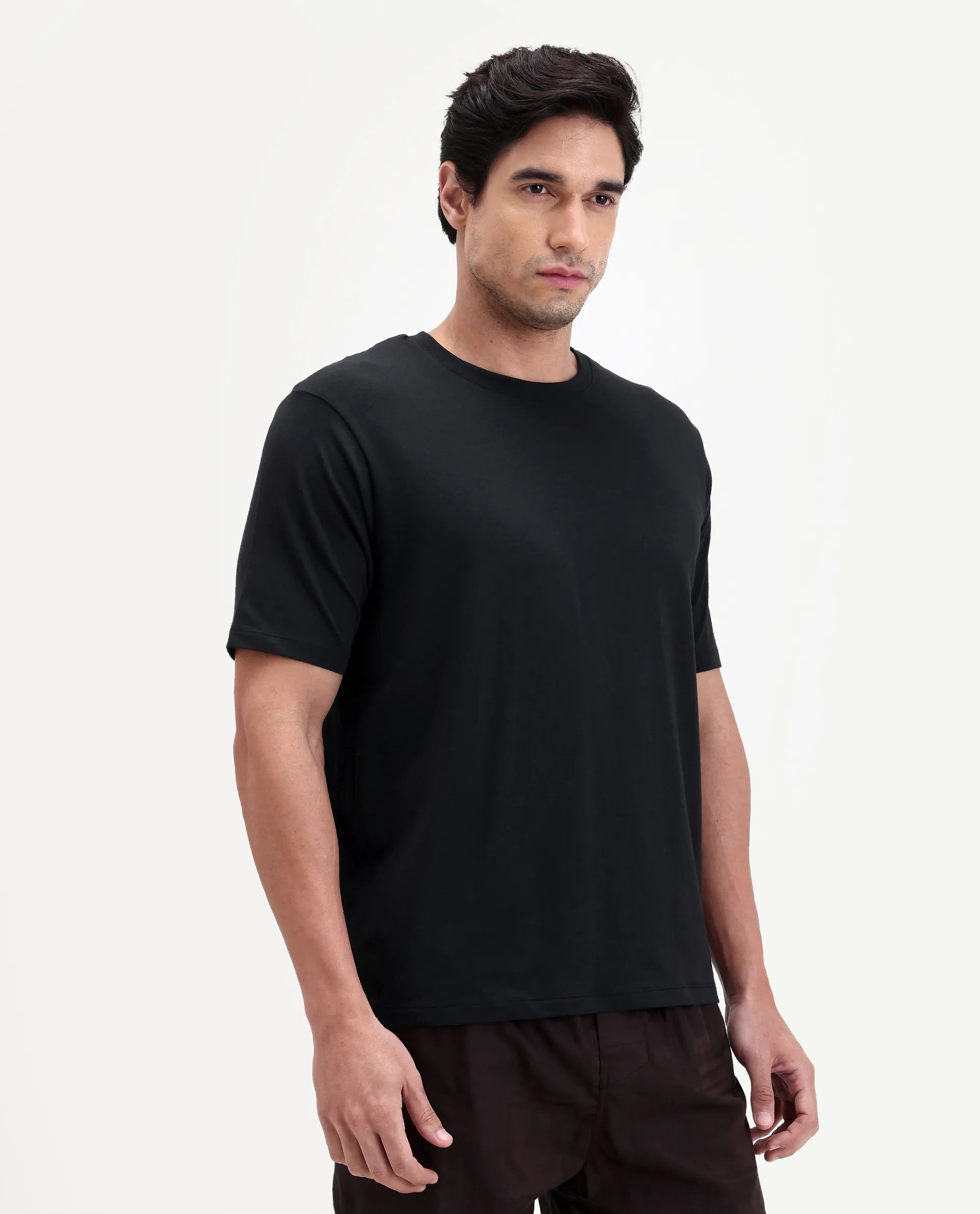 Rare Rabbit Men's Vaux Black Cotton Fabric Half Sleeve Regular Fit Plain T-Shirt