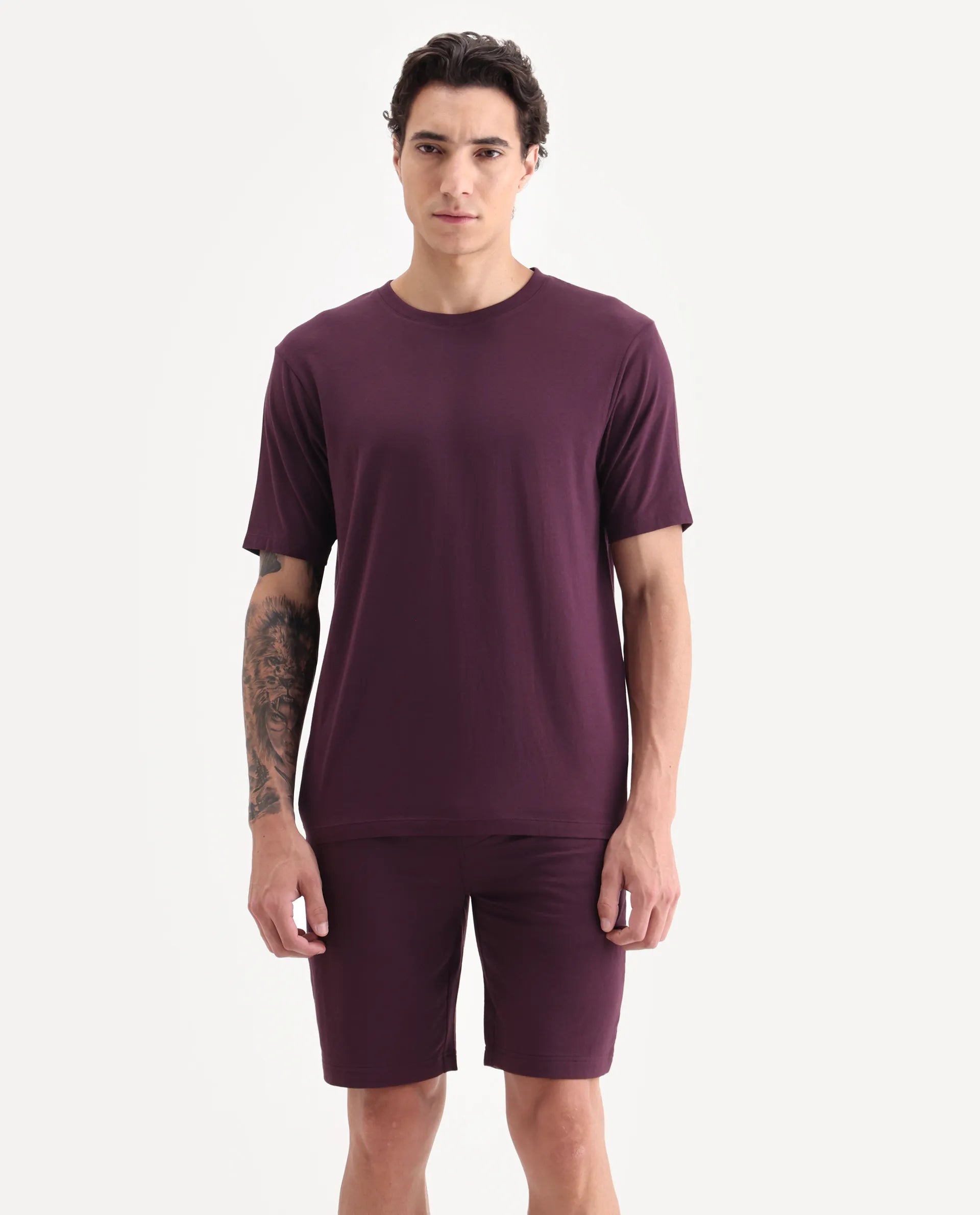 Rare Rabbit Men's Vaux Maroon Cotton Fabric Half Sleeve Regular Fit Plain T-Shirt
