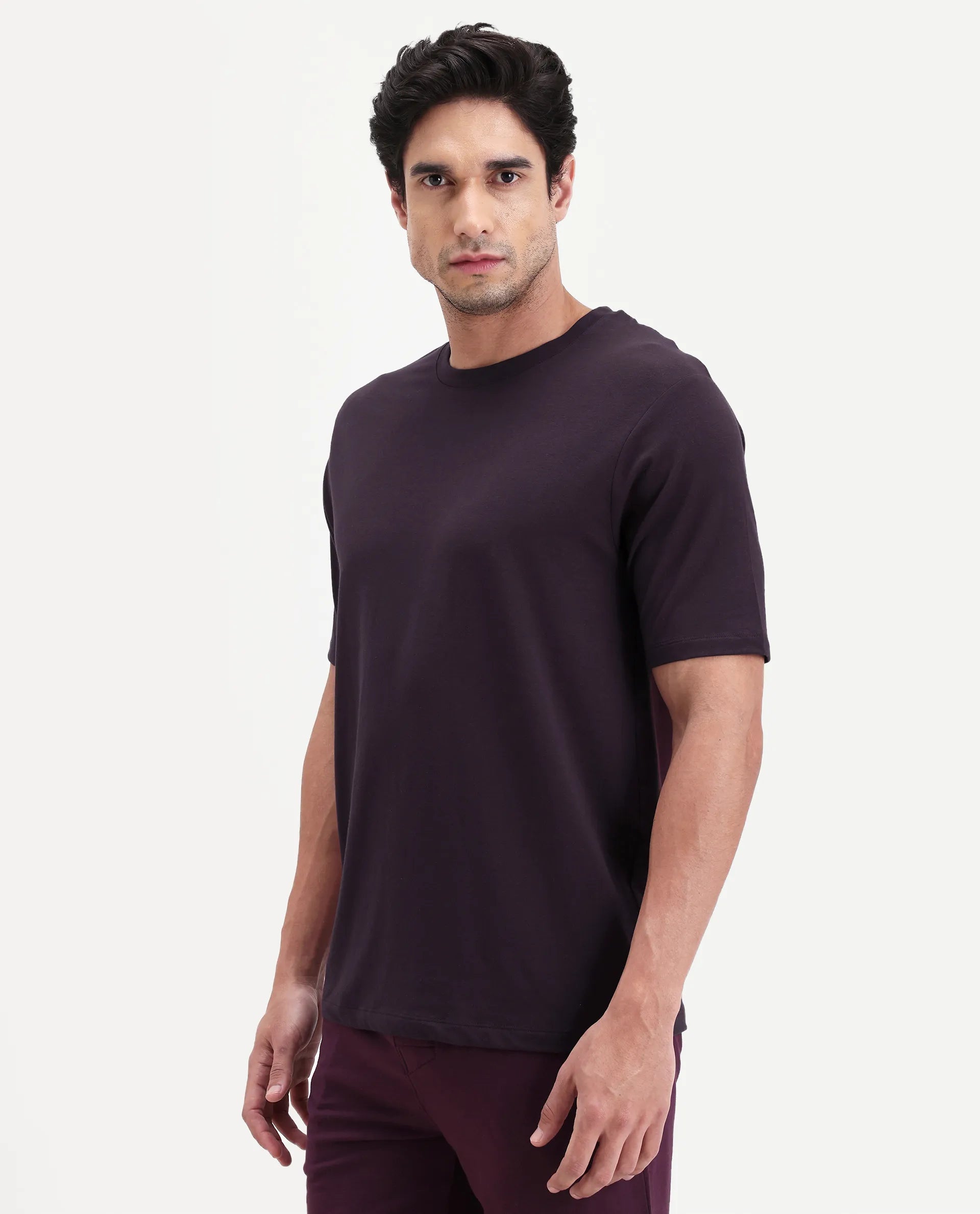 Rare Rabbit Men's Vaux Maroon Cotton Fabric Half Sleeve Regular Fit Plain T-Shirt