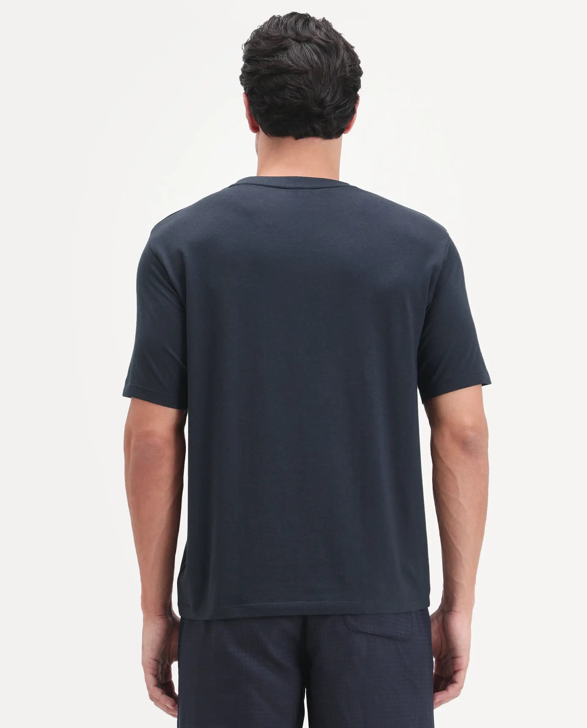 Rare Rabbit Men's Vaux Navy Cotton Modal Spandex Half Sleeve Regular Fit Plain T-Shirt