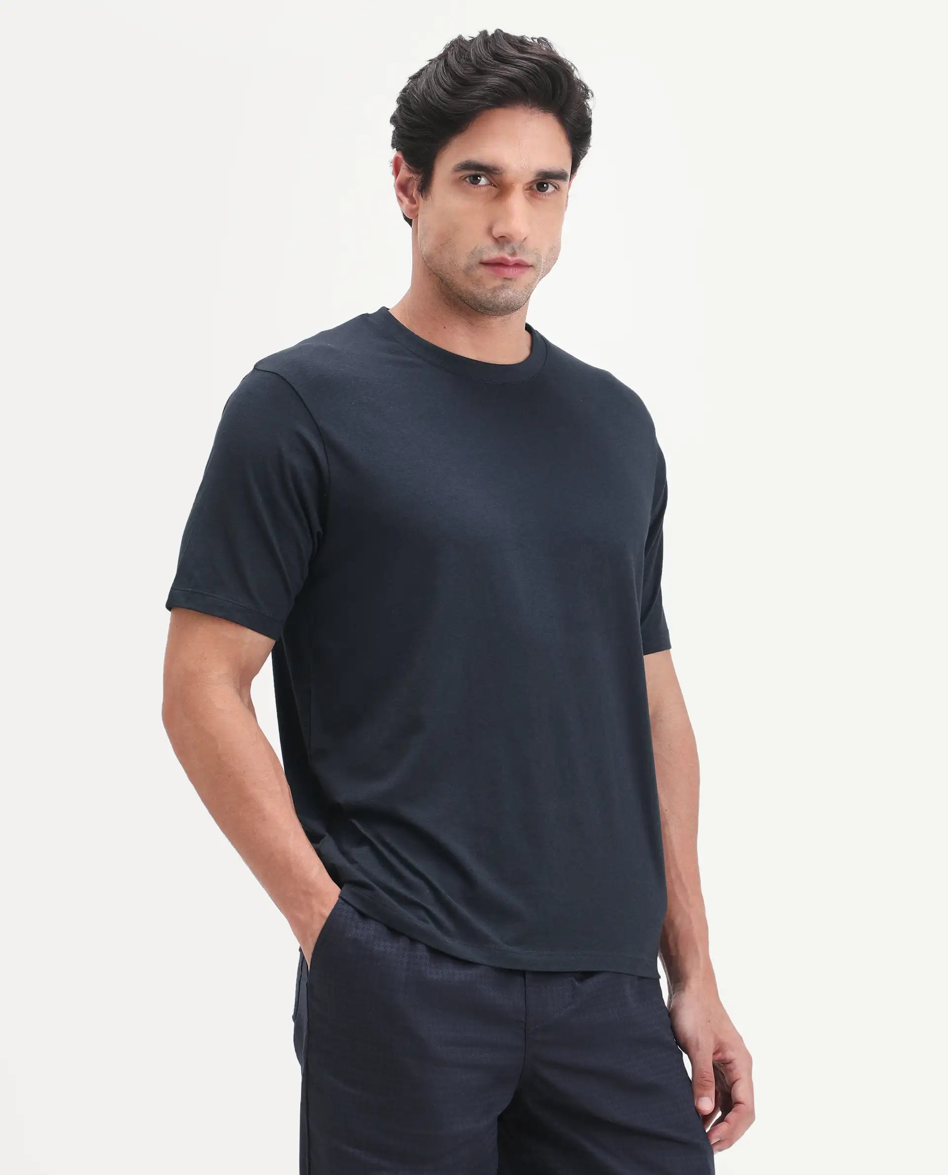 Rare Rabbit Men's Vaux Navy Cotton Modal Spandex Half Sleeve Regular Fit Plain T-Shirt