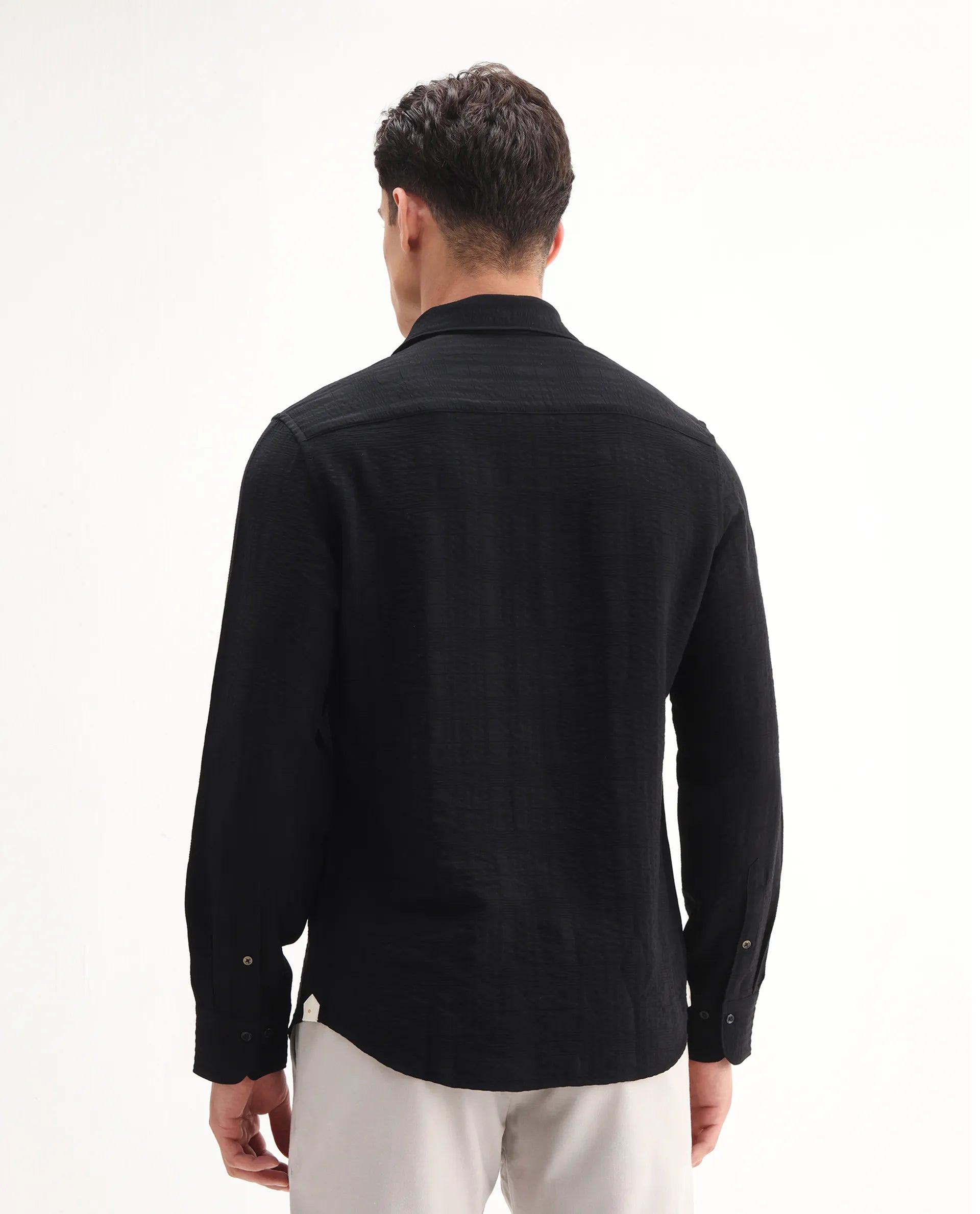 Rare Rabbit Men's Vaxo Black Viscose Blend Checked Print Regular Fit Full Sleeve Collared Shirt