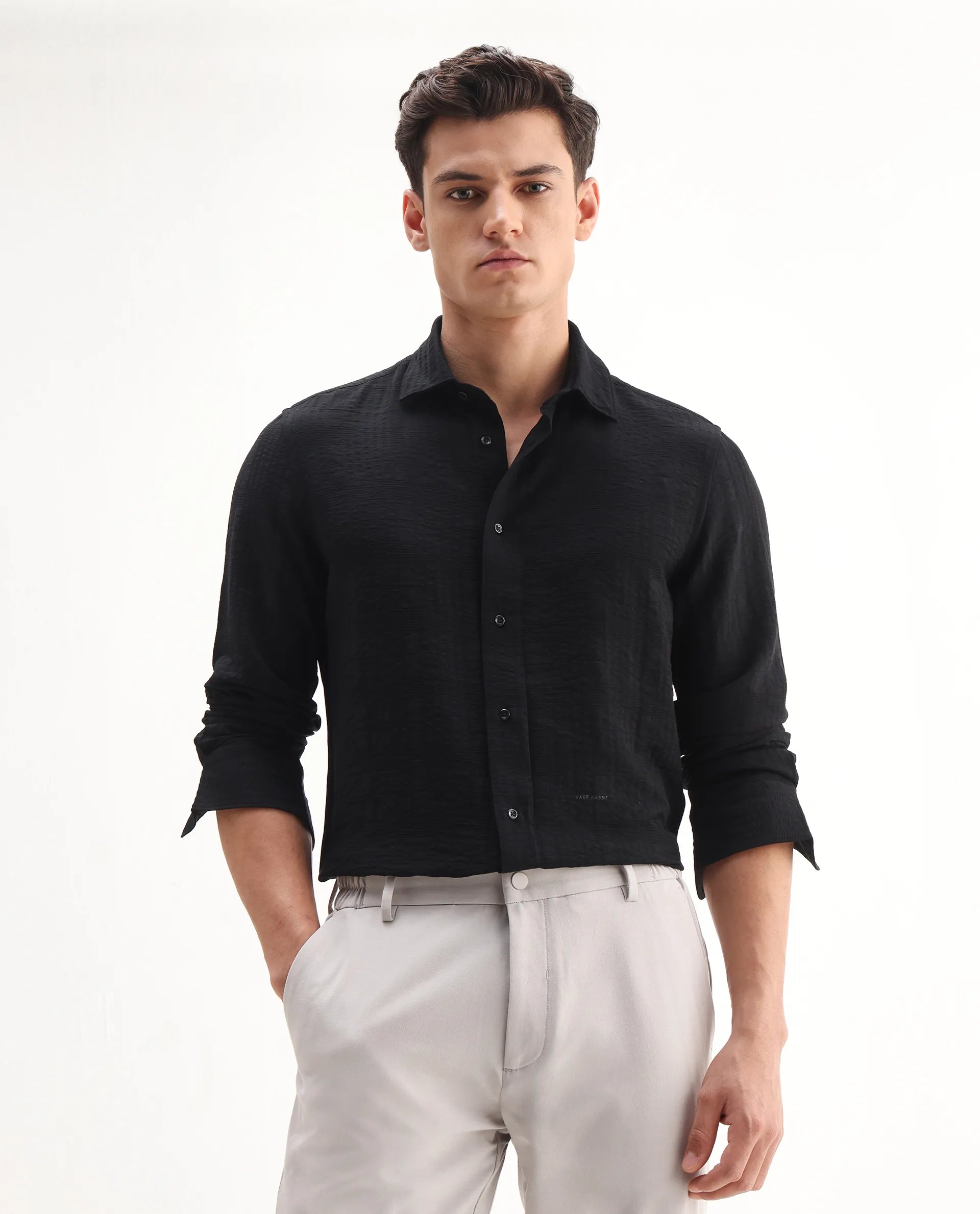 Rare Rabbit Men's Vaxo Black Viscose Blend Checked Print Regular Fit Full Sleeve Collared Shirt