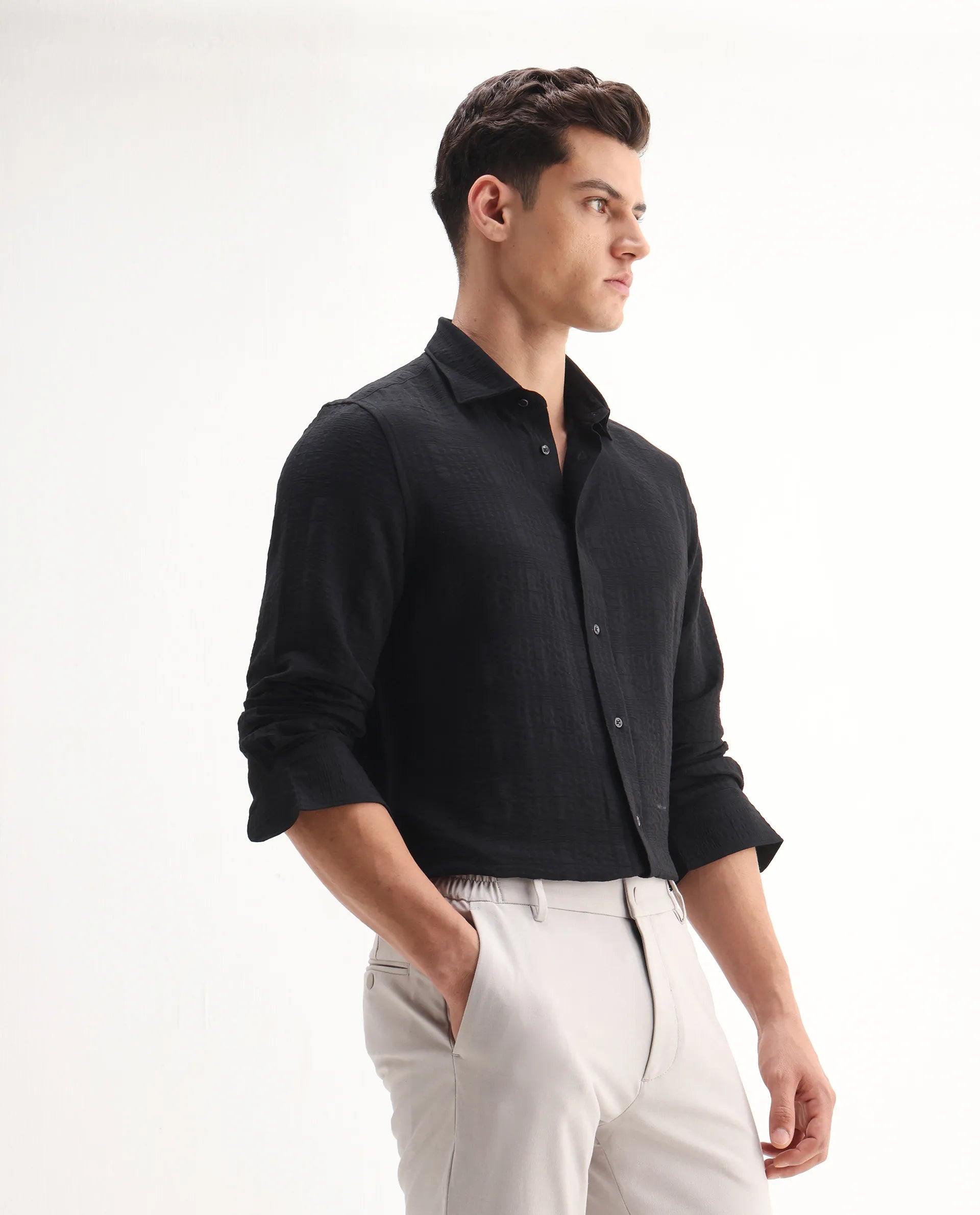 Rare Rabbit Men's Vaxo Black Viscose Blend Checked Print Regular Fit Full Sleeve Collared Shirt