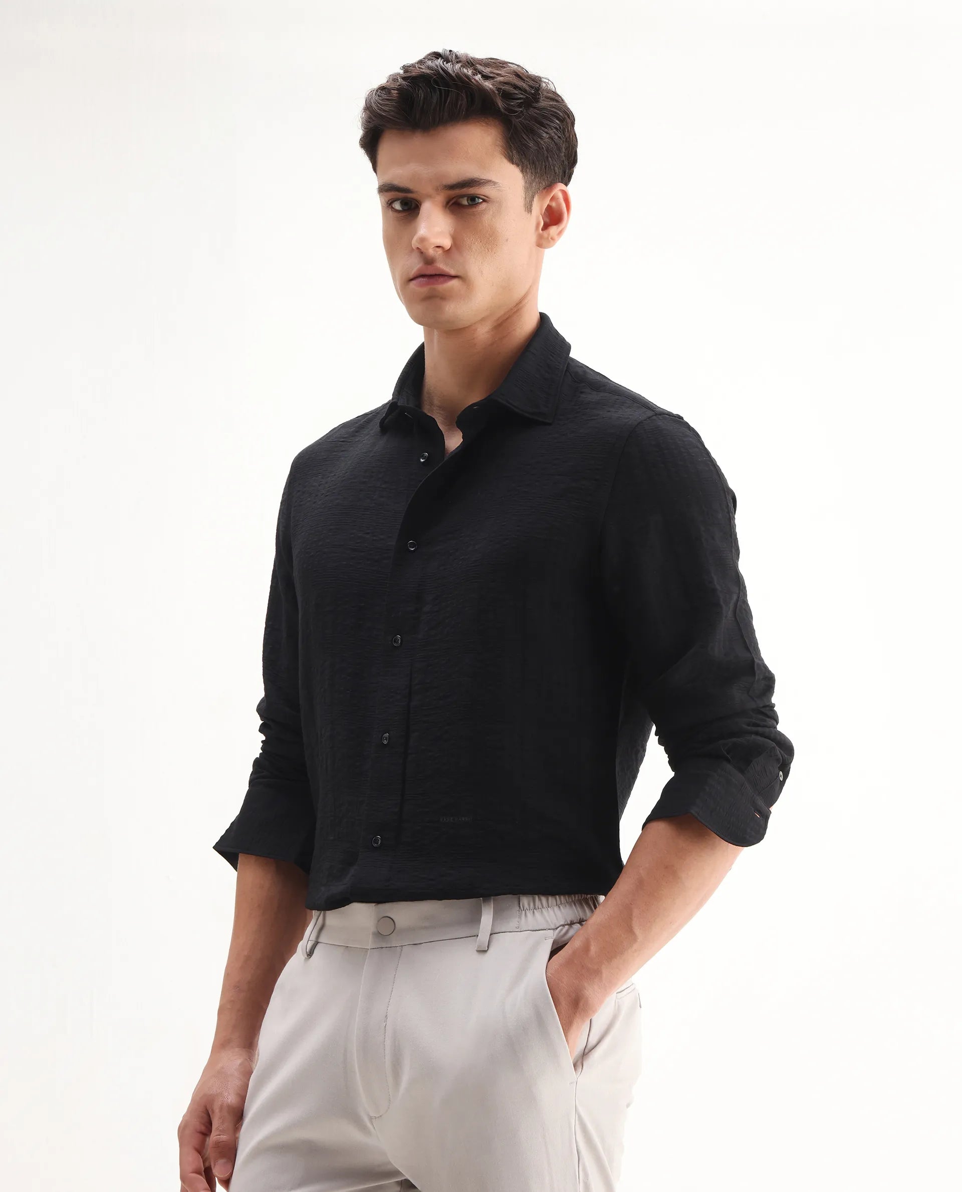 Rare Rabbit Men's Vaxo Black Viscose Blend Checked Print Regular Fit Full Sleeve Collared Shirt