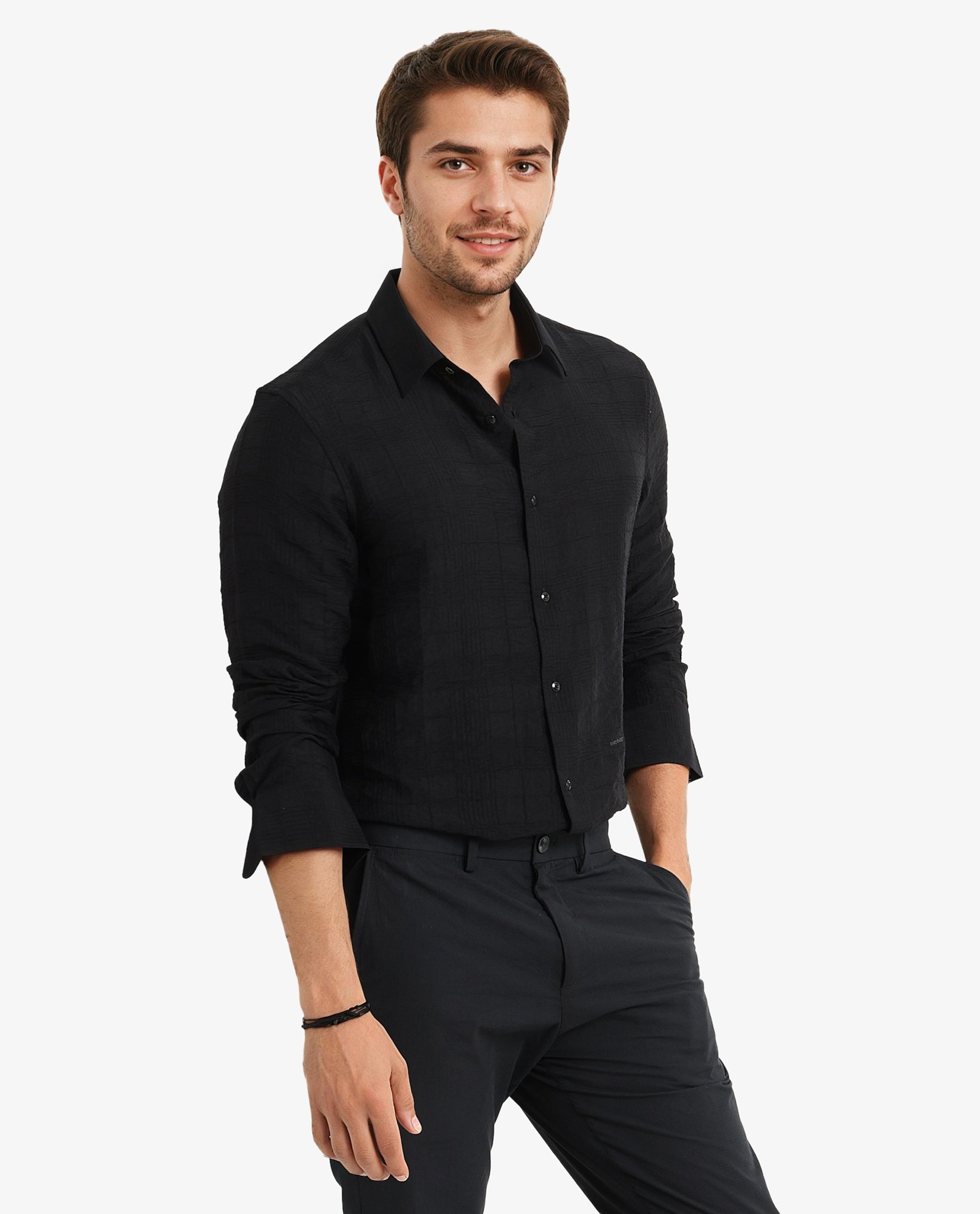 Rare Rabbit Men Vaxon Black Viscose Nylon Fabric Full Sleeve Regular Fit Self Dobby Check Shirt