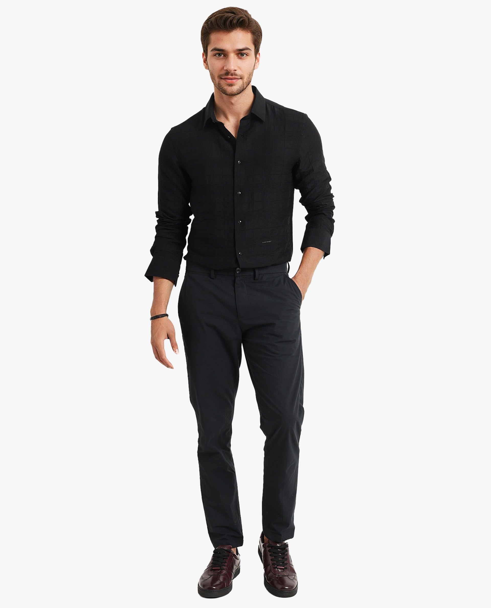 Rare Rabbit Men Vaxon Black Viscose Nylon Fabric Full Sleeve Regular Fit Self Dobby Check Shirt