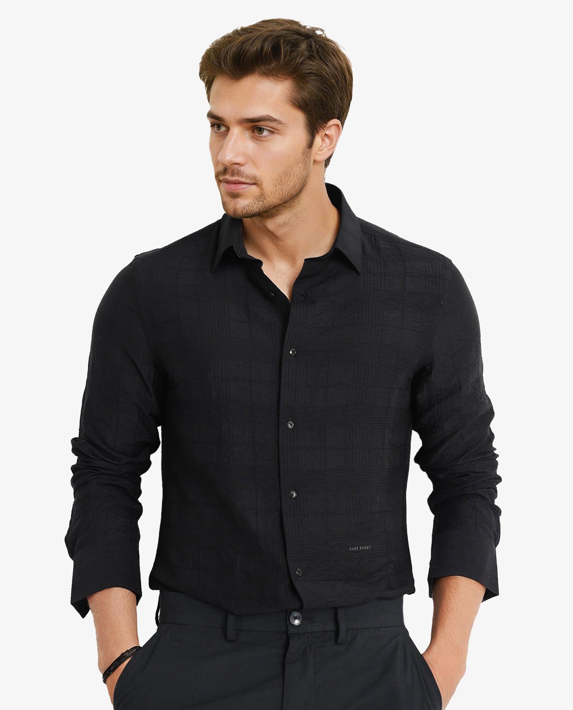 Rare Rabbit Men Vaxon Black Viscose Nylon Fabric Full Sleeve Regular Fit Self Dobby Check Shirt