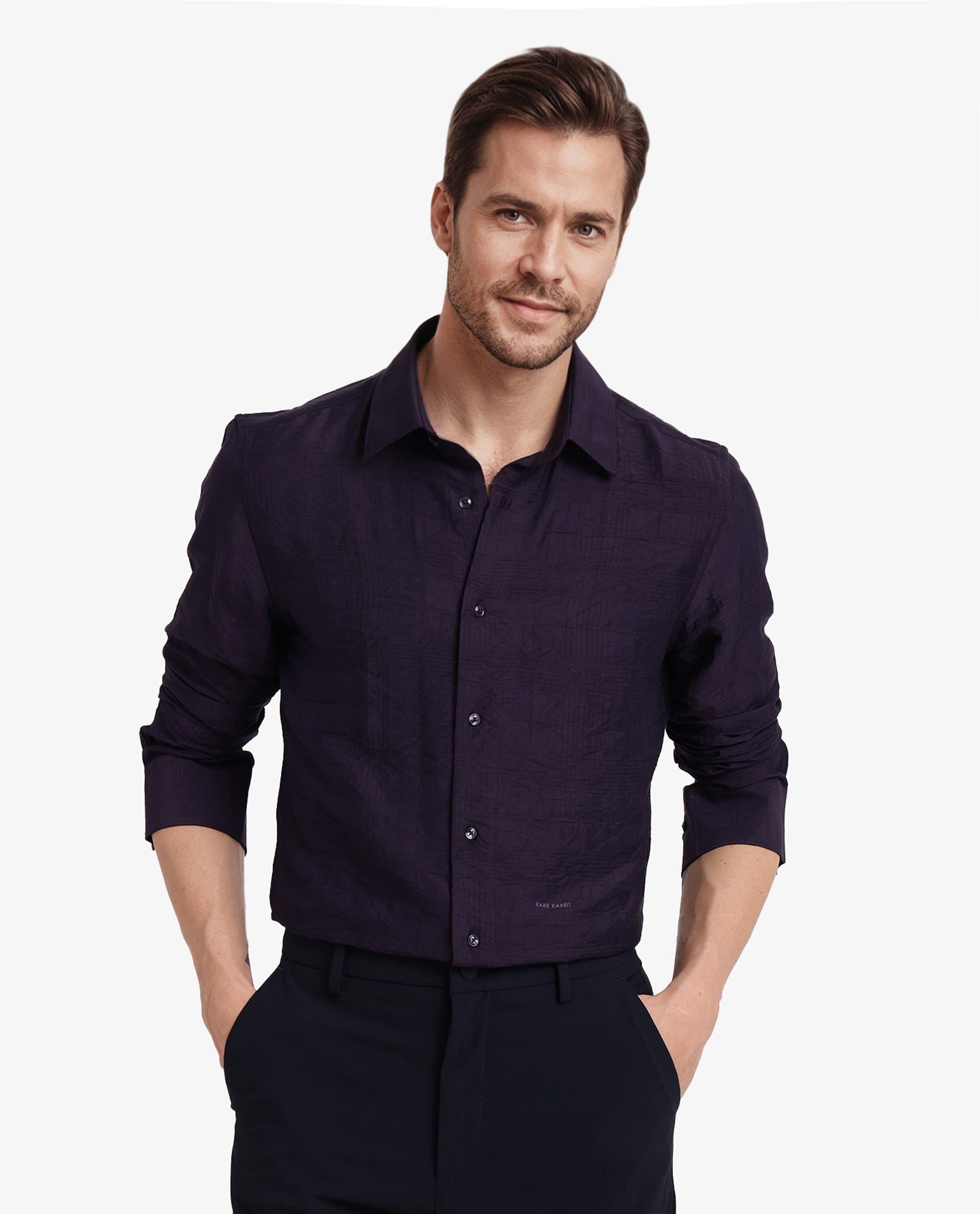 Rare Rabbit Men Vaxon Purple Viscose Nylon Fabric Full Sleeve Regular Fit Self Dobby Check Shirt