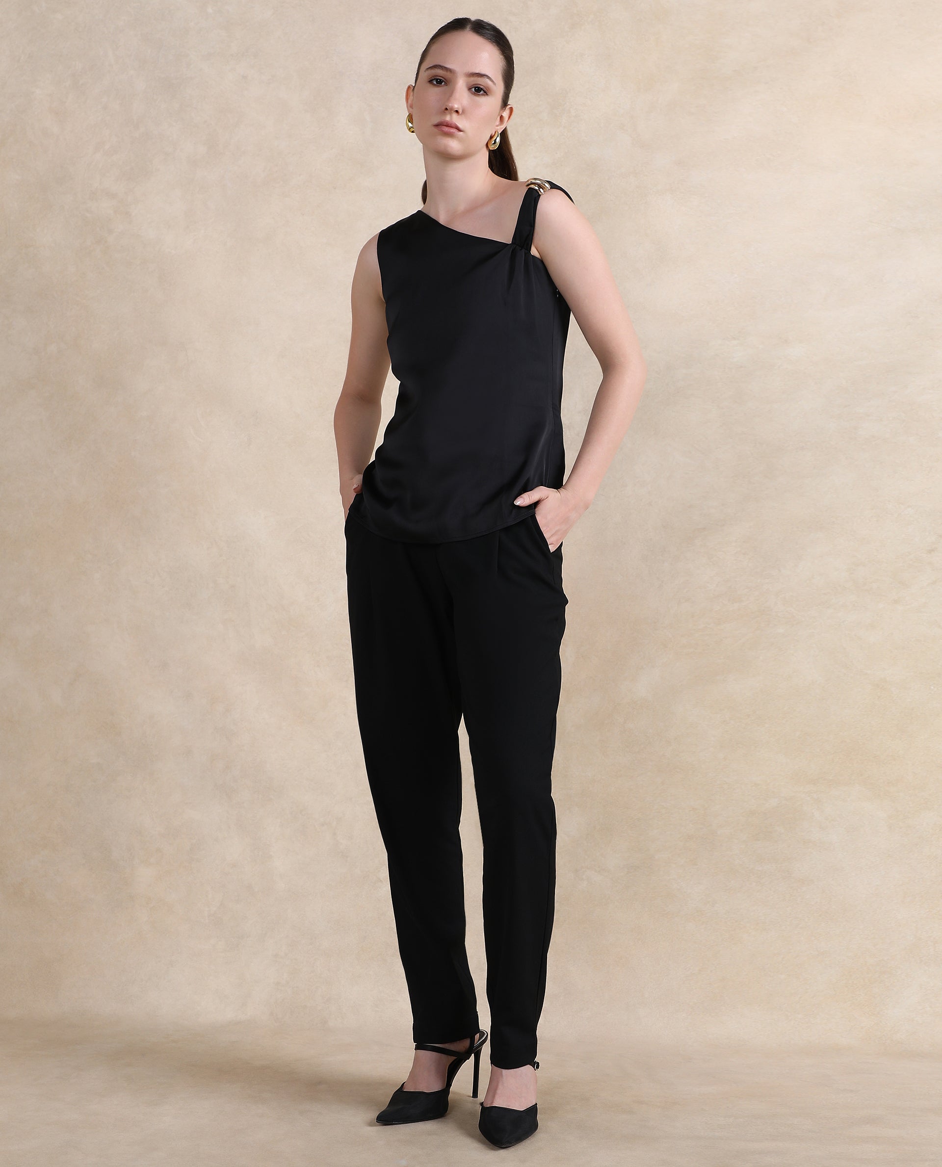 Rareism Women Vaxter Black Sleeveless Asymmetric Neck Zipper Closure Plain Top