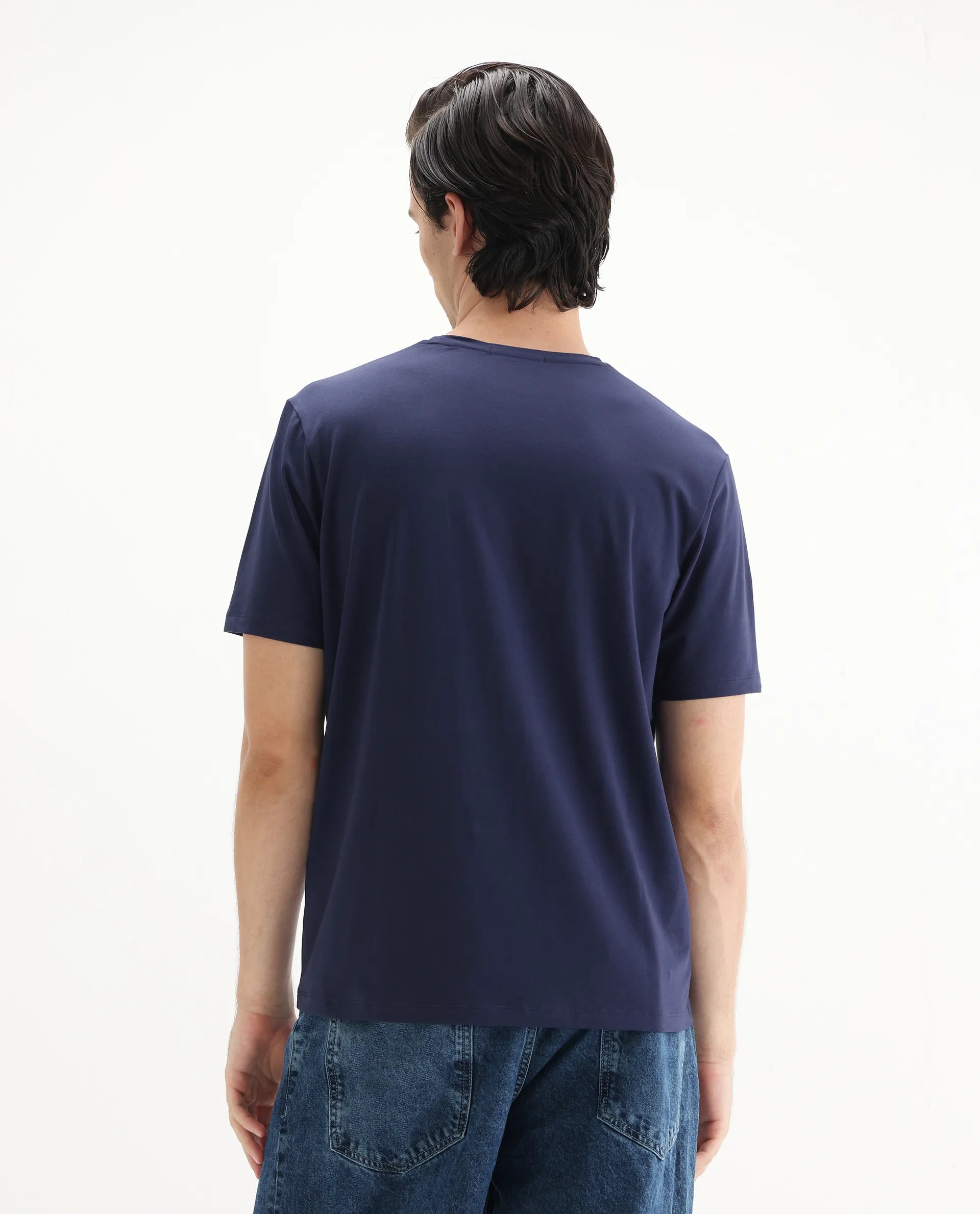 Rare Rabbit Men's Vazo Dark Blue Cotton Blend Graphic Print Regular Fit Half Sleeve Crew Neck T-Shirt